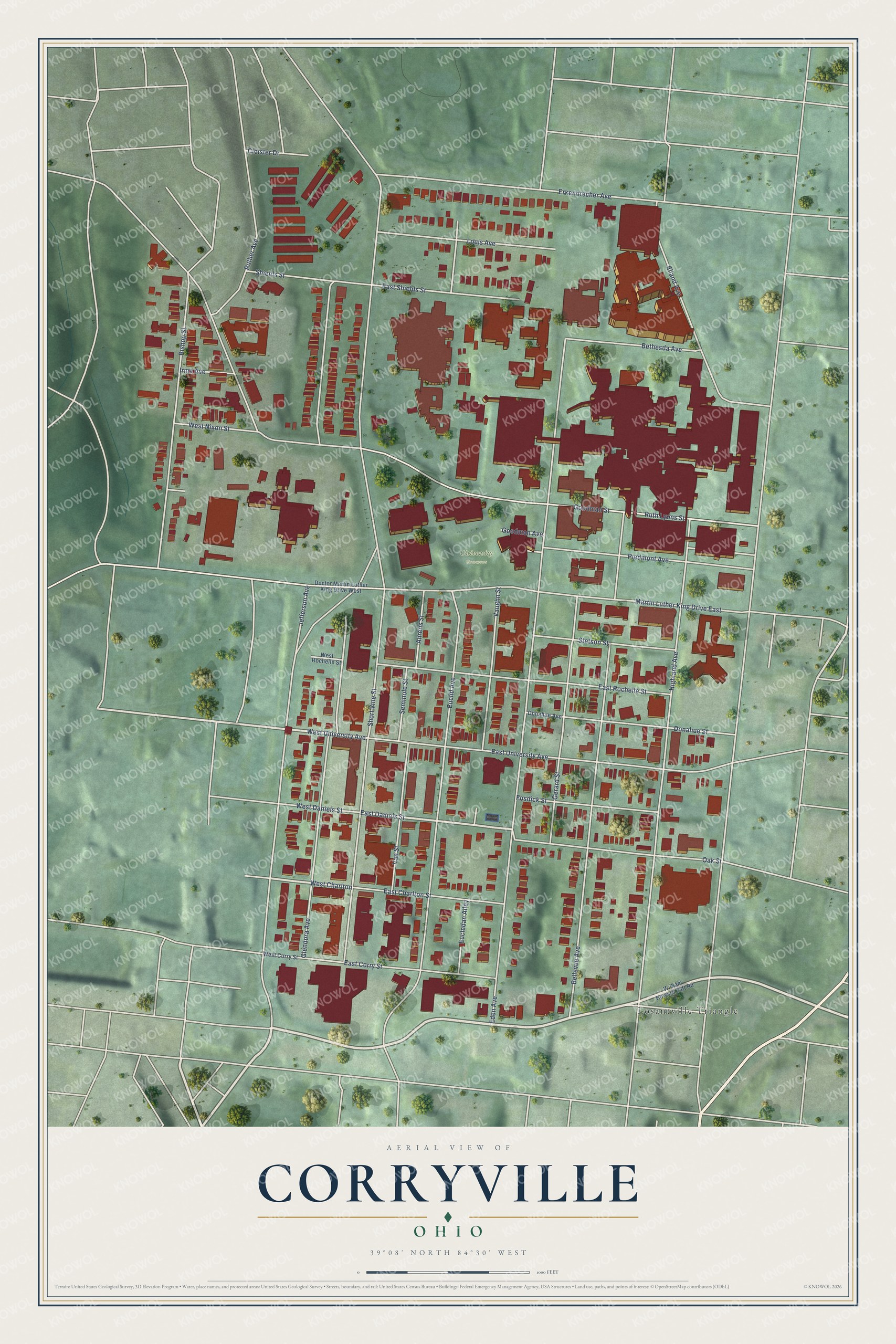 Full map of Corryville, Ohio, with red buildings, printed street names and the land around them