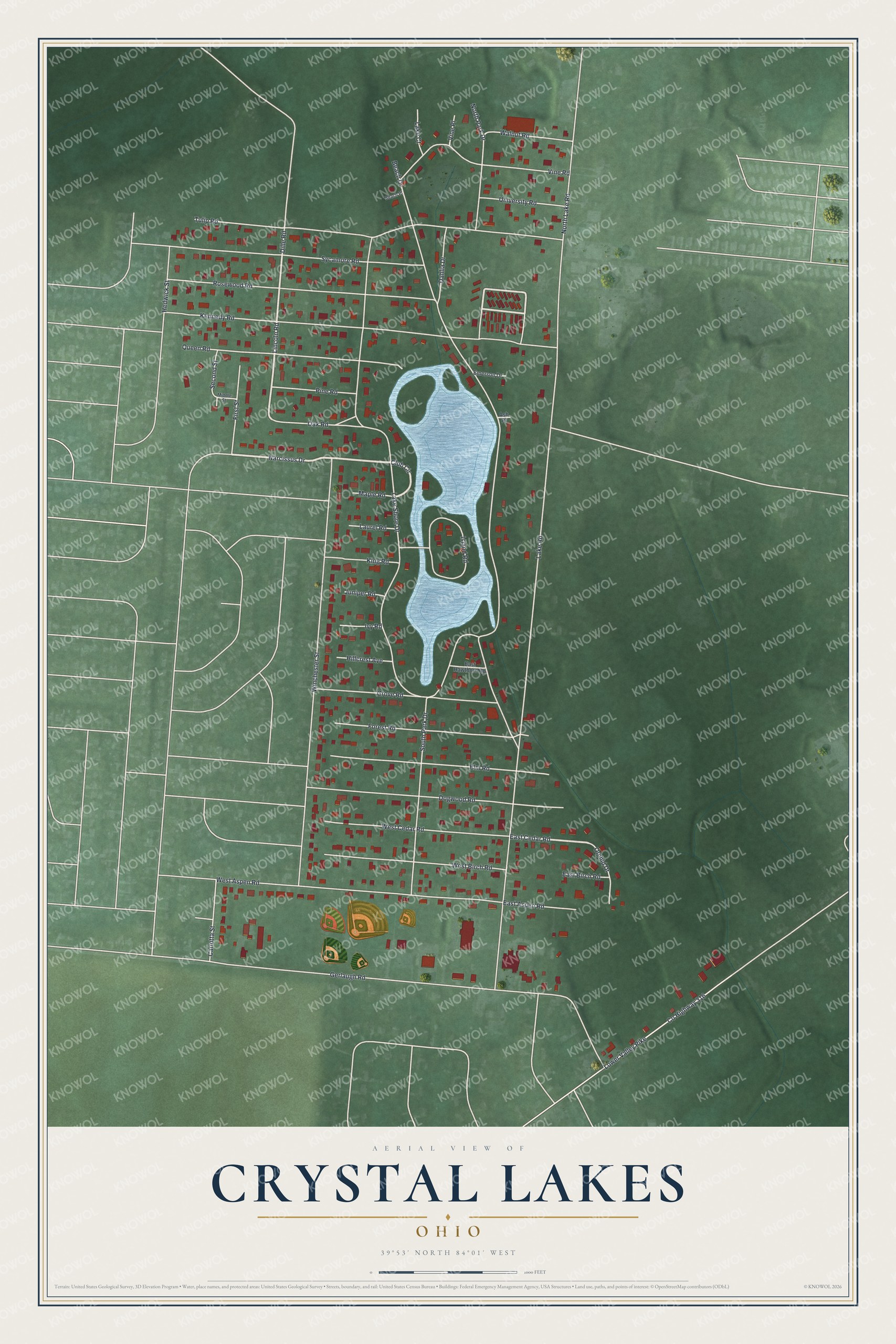 Full map of Crystal Lakes, Ohio, with red buildings, printed street names and the land around them