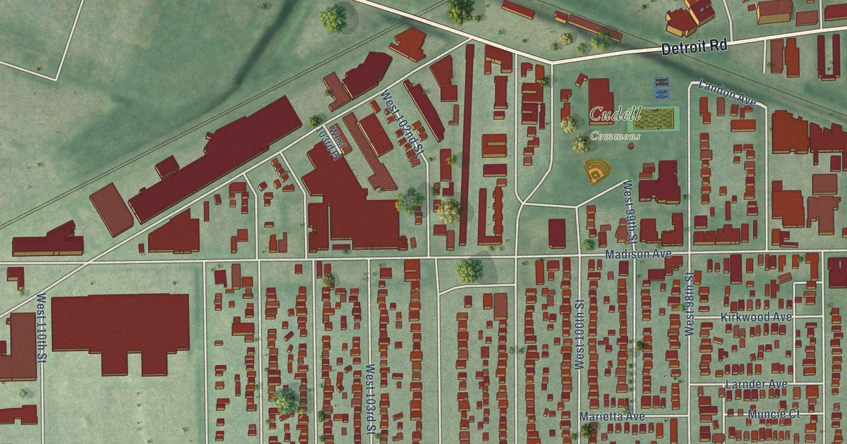 Close-up of streets and buildings in Cudell, Ohio