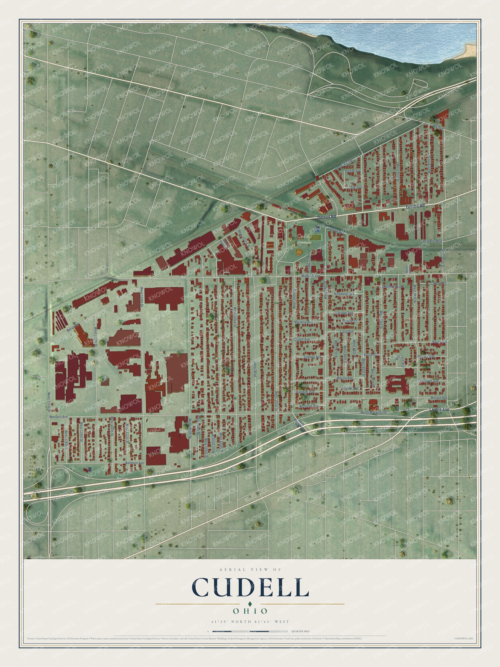 Full map of Cudell, Ohio, with red buildings, printed street names and the land around them