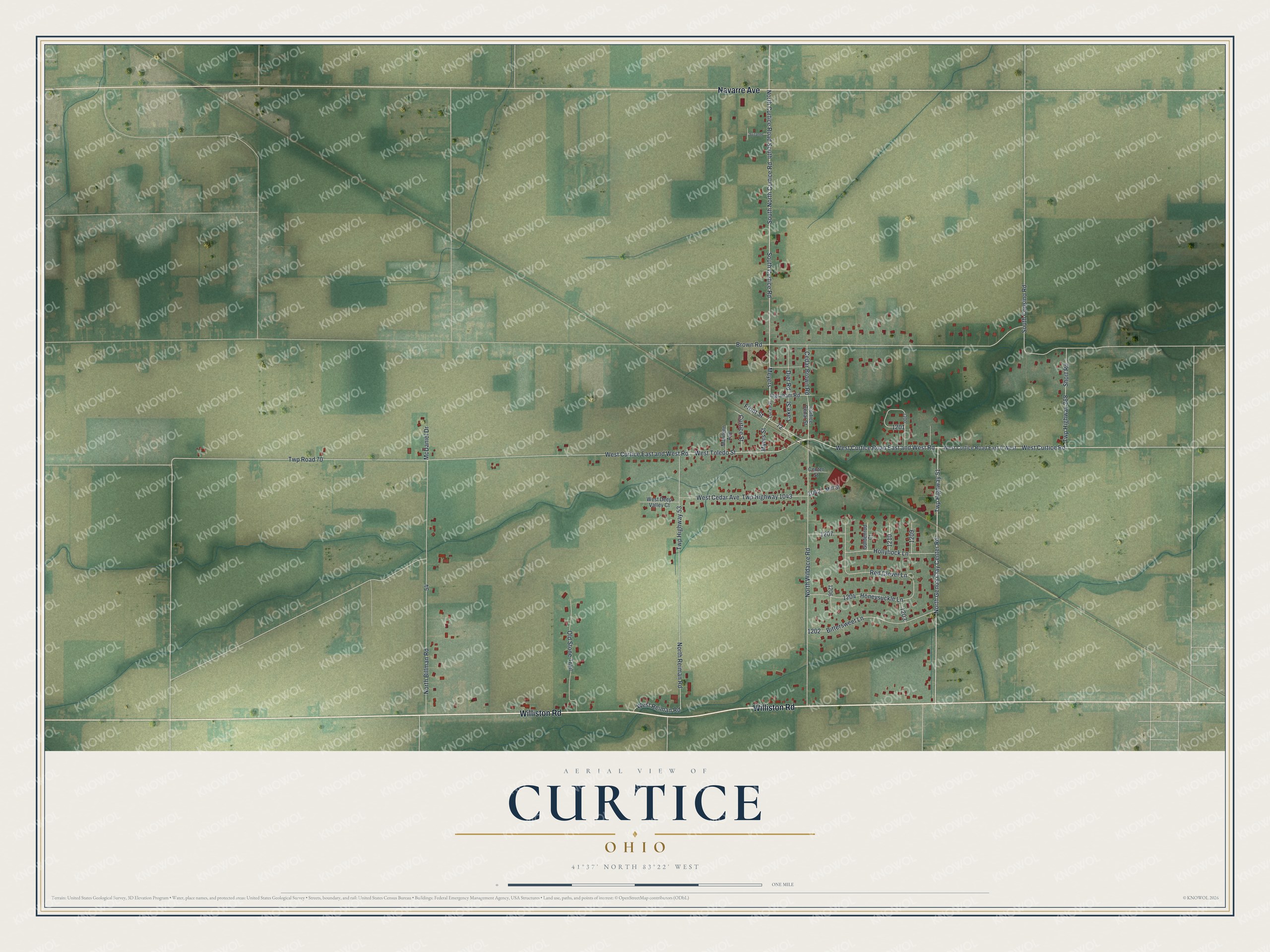 Full map of Curtice, Ohio, with red buildings, printed street names and the land around them
