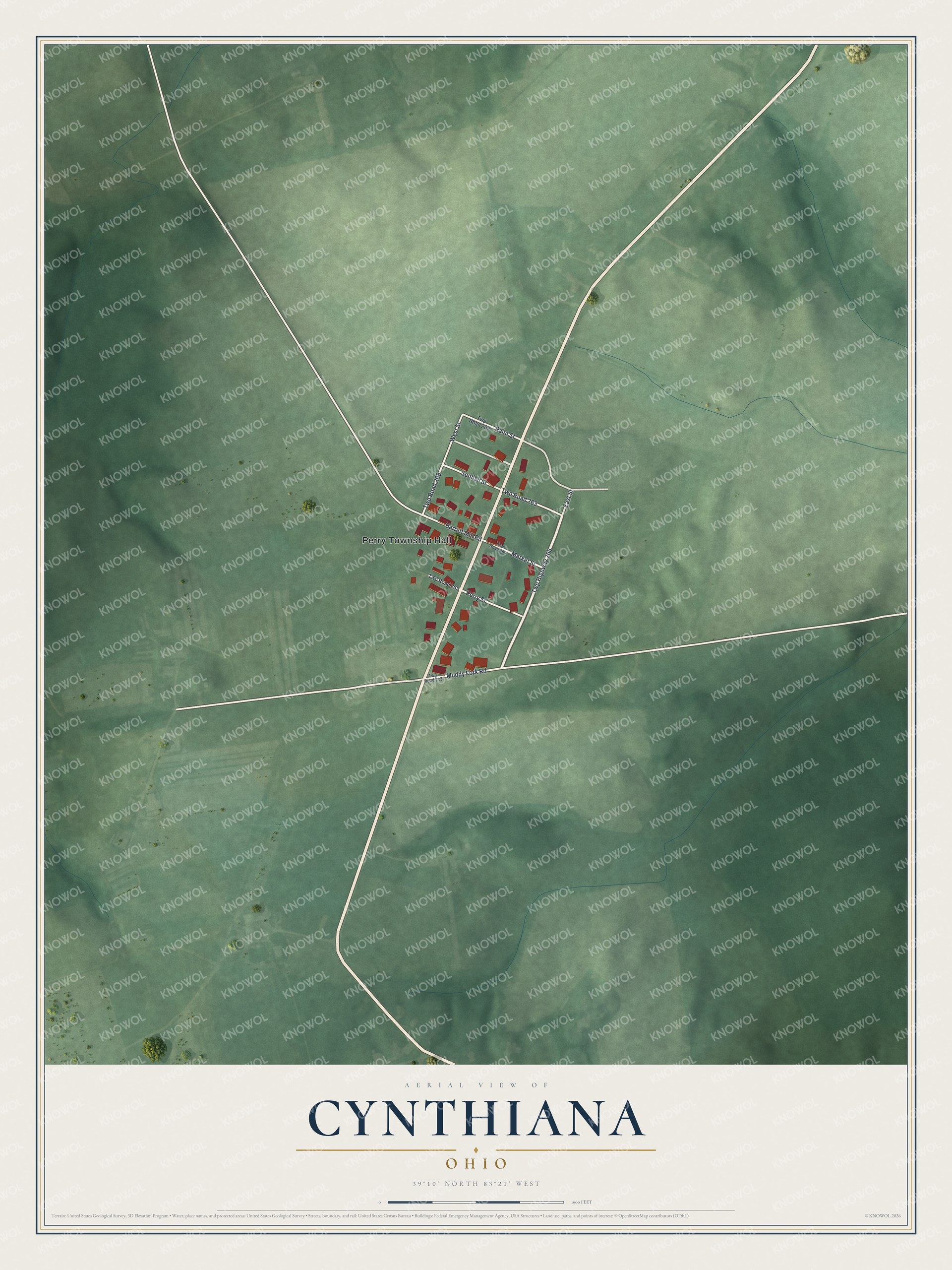 Full map of Cynthiana, Ohio, with red buildings, printed street names and the land around them