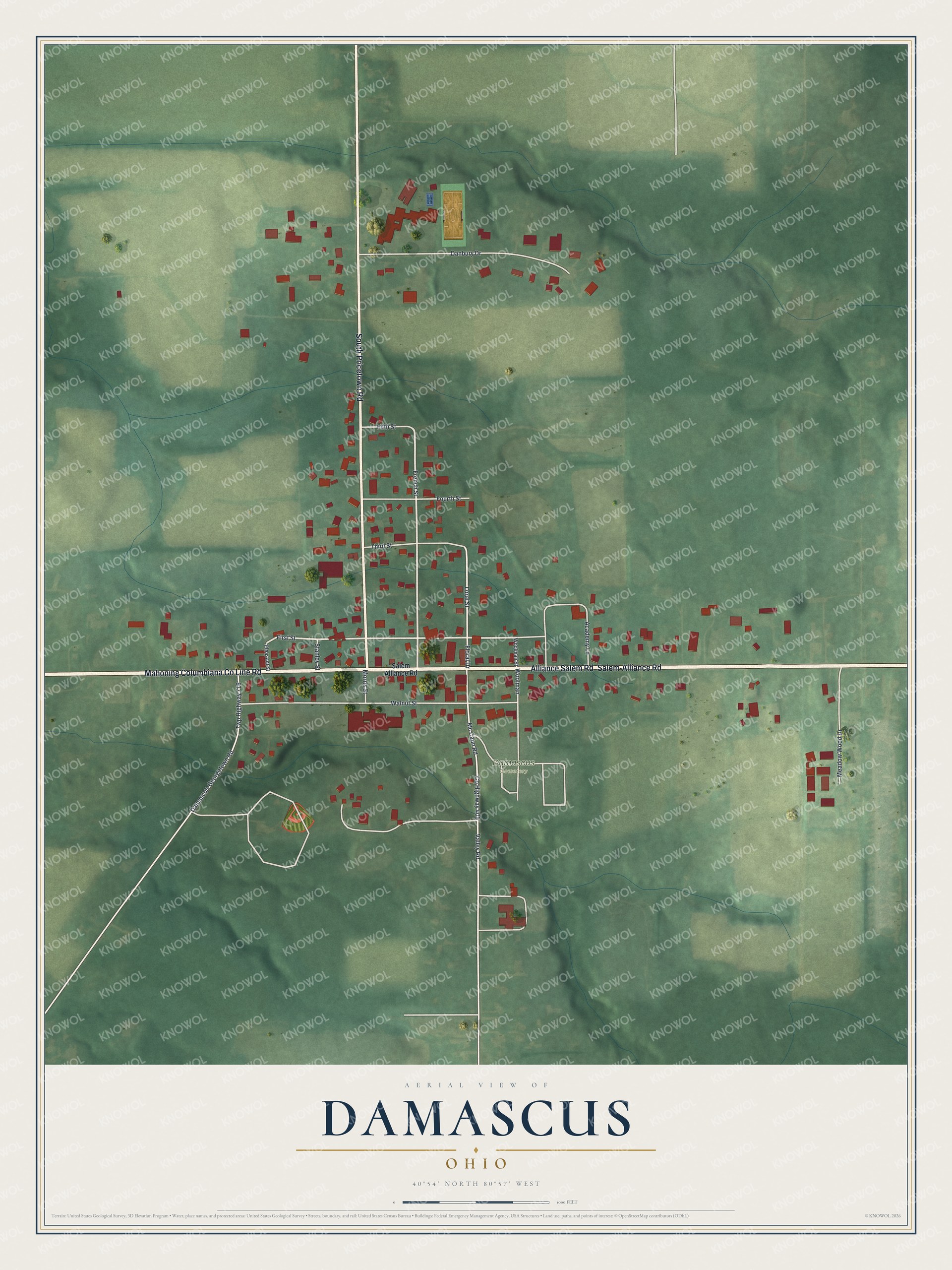 Full map of Damascus, Ohio, with red buildings, printed street names and the land around them