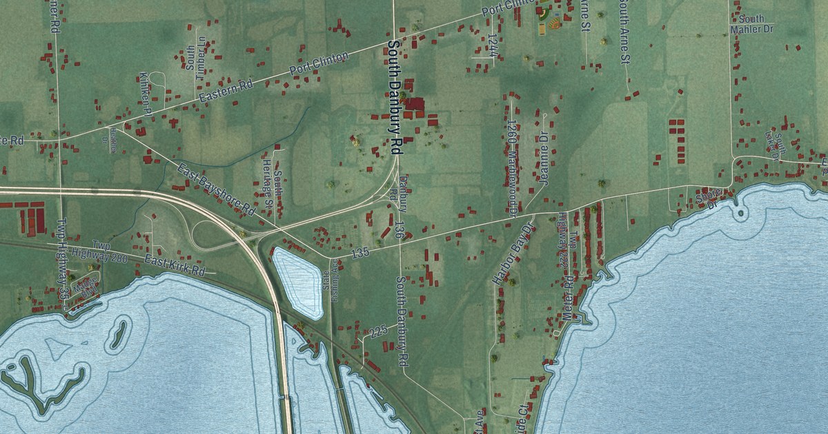 Close-up of streets and buildings in Danbury, Ohio