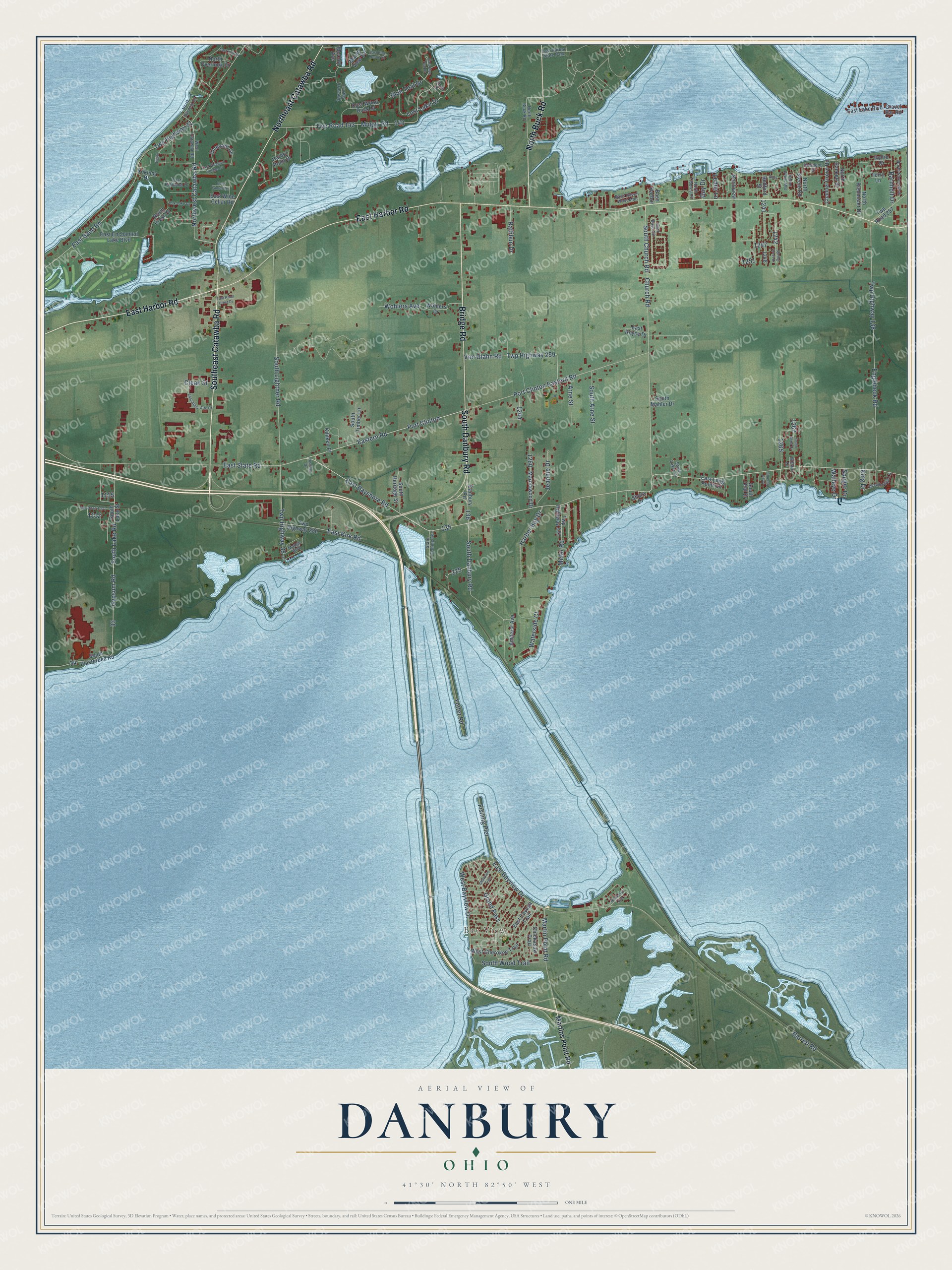 Full map of Danbury, Ohio, with red buildings, printed street names and the land around them
