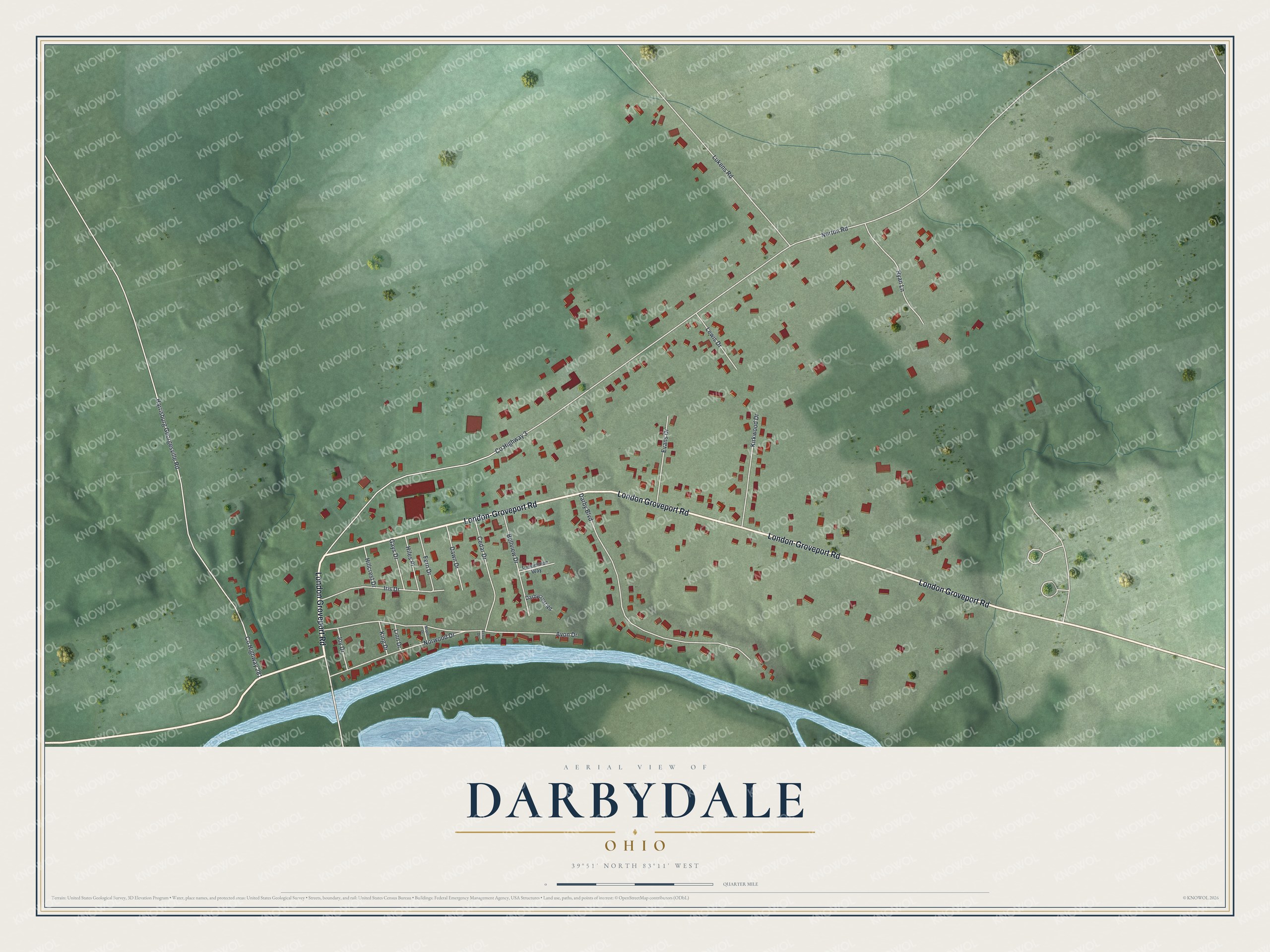 Full map of Darbydale, Ohio, with red buildings, printed street names and the land around them