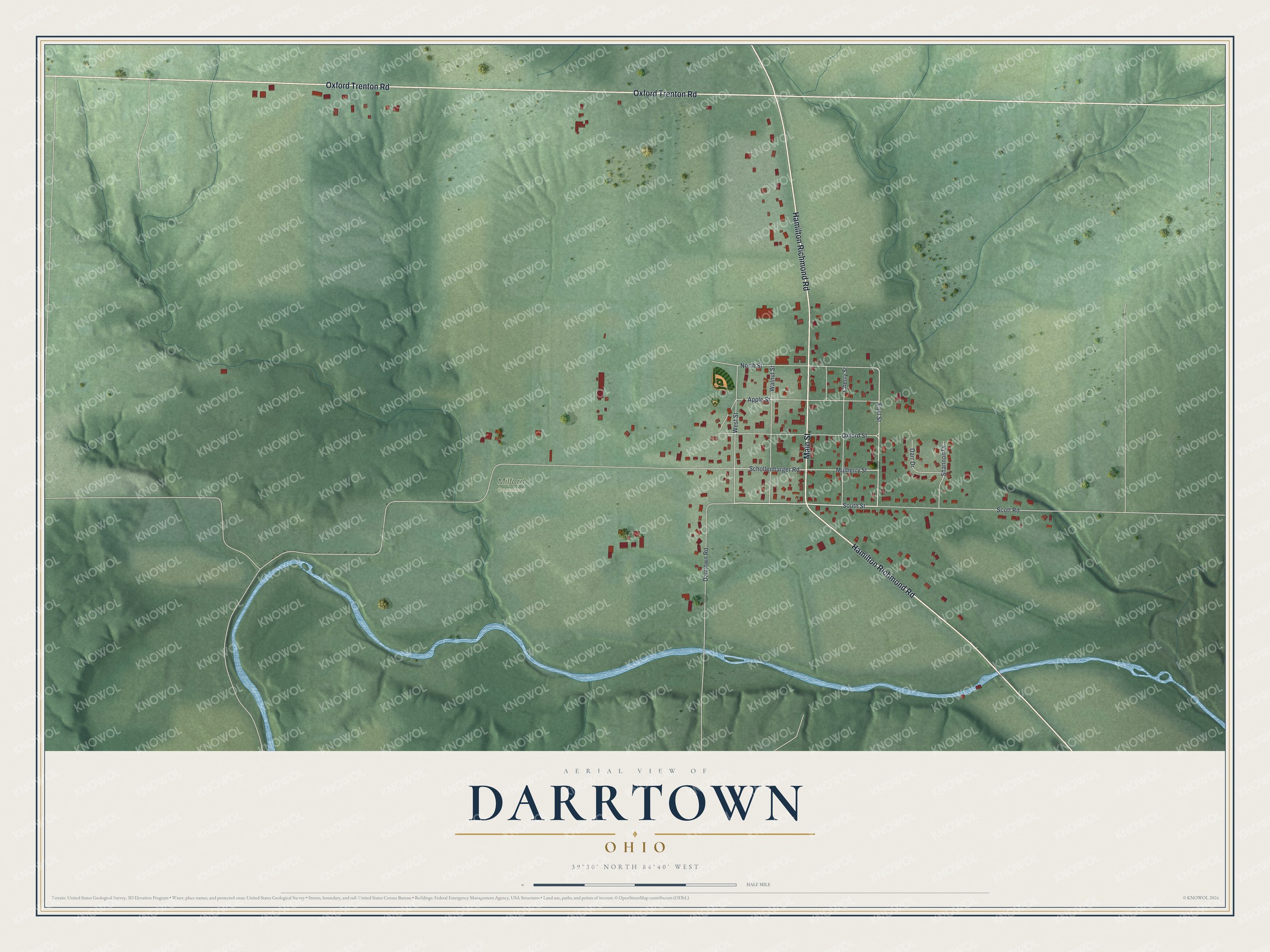 Full map of Darrtown, Ohio, with red buildings, printed street names and the land around them