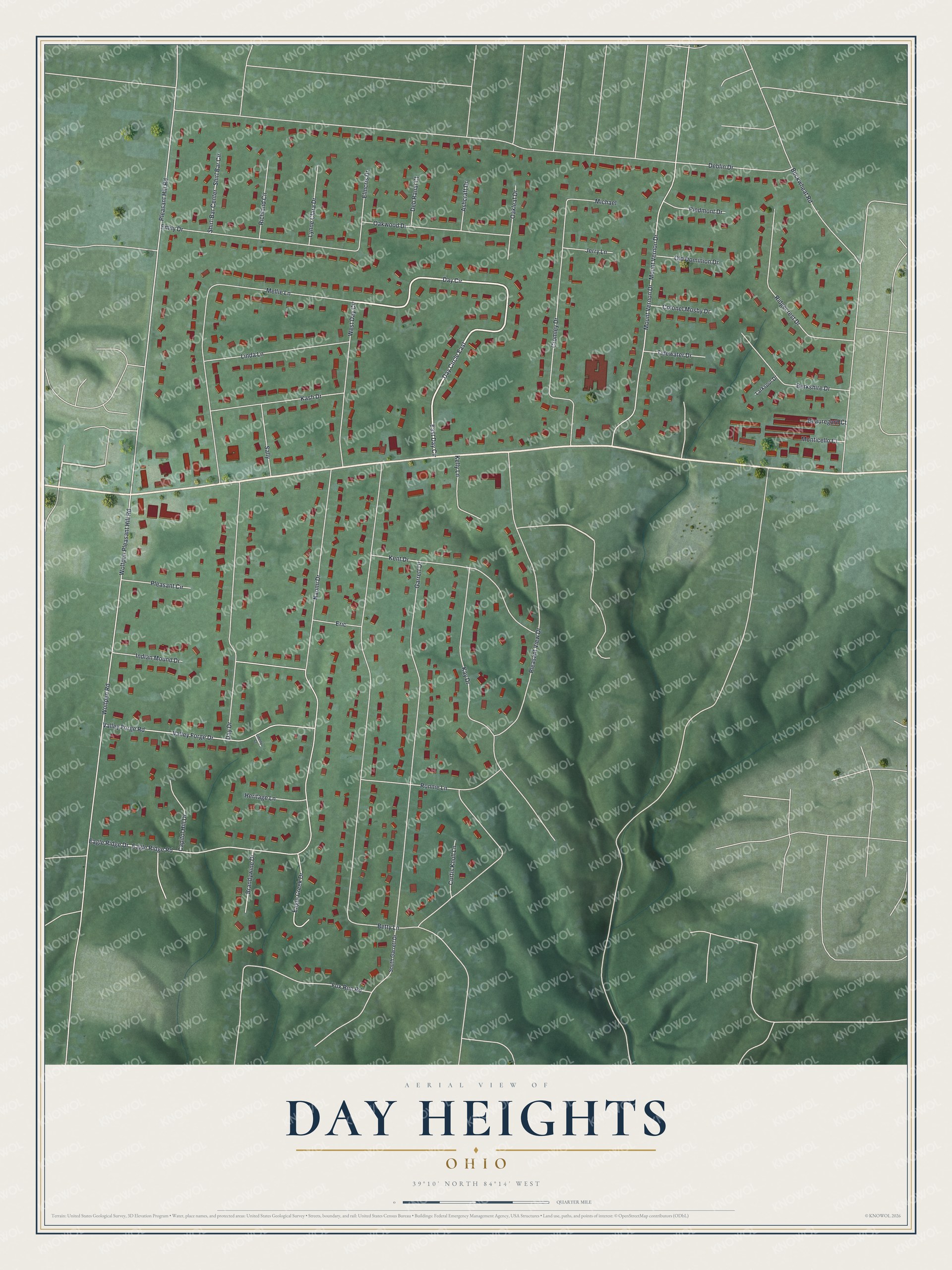 Full map of Day Heights, Ohio, with red buildings, printed street names and the land around them