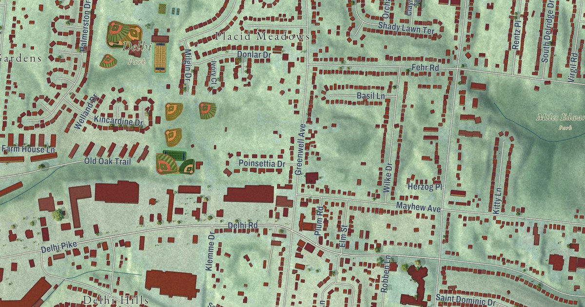Close-up of streets and buildings in Delhi, Ohio