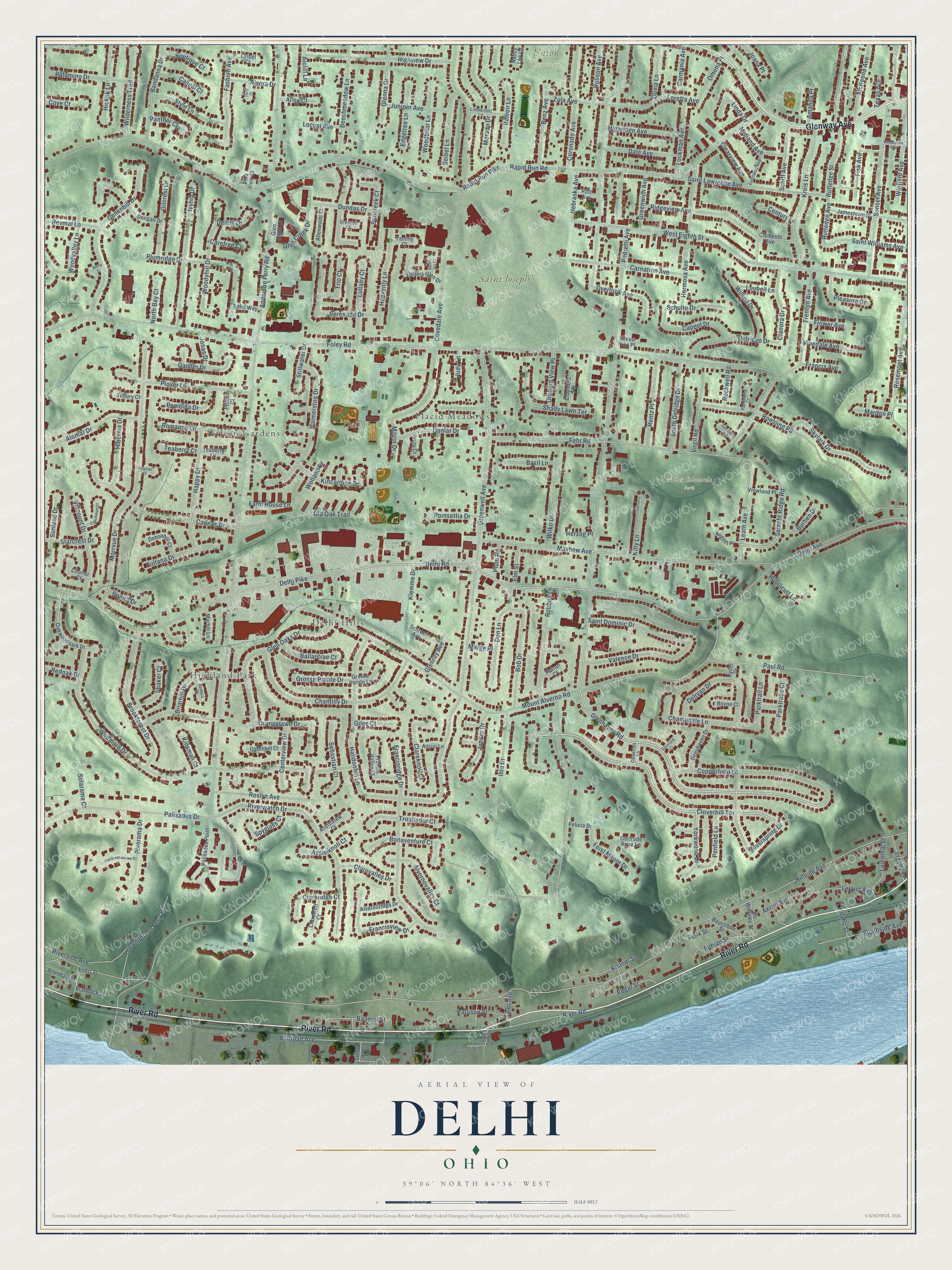 Full map of Delhi, Ohio, with red buildings, printed street names and the land around them