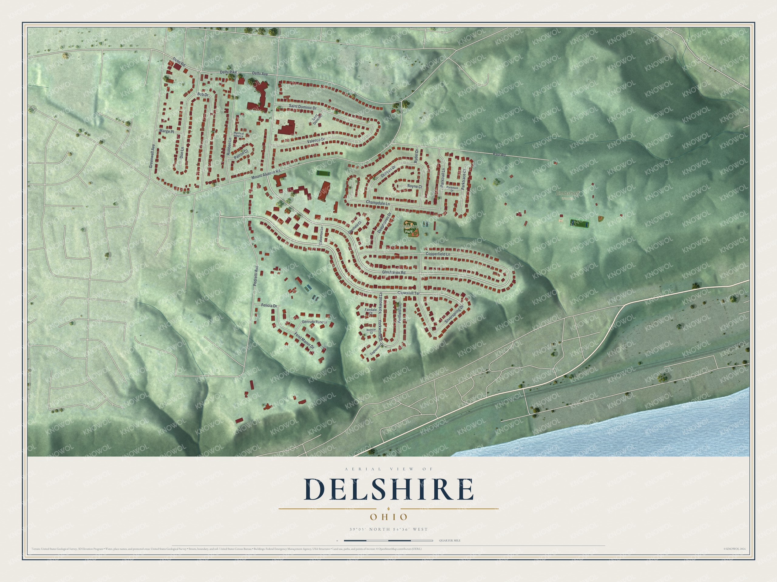 Full map of Delshire, Ohio, with red buildings, printed street names and the land around them