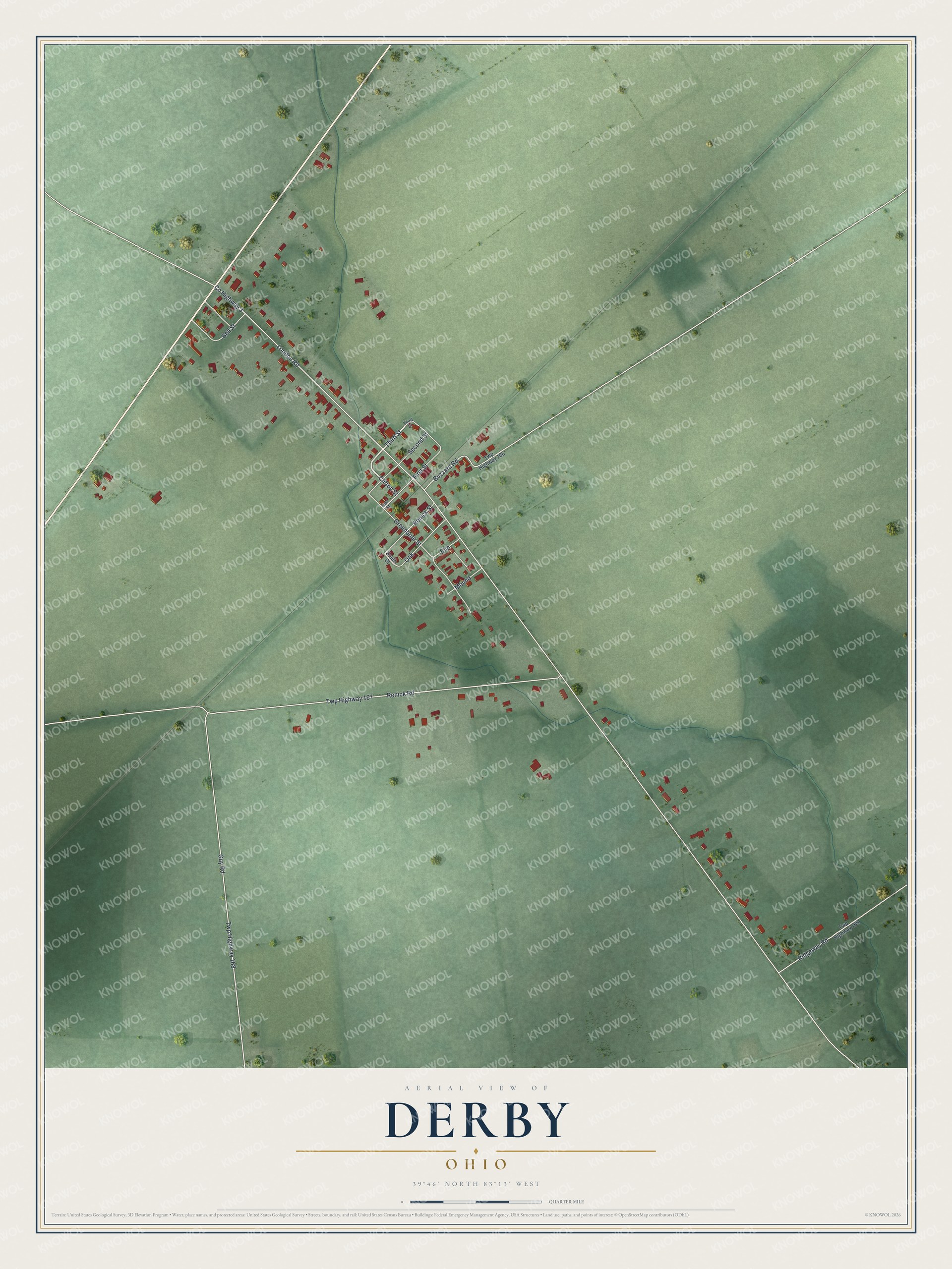 Full map of Derby, Ohio, with red buildings, printed street names and the land around them