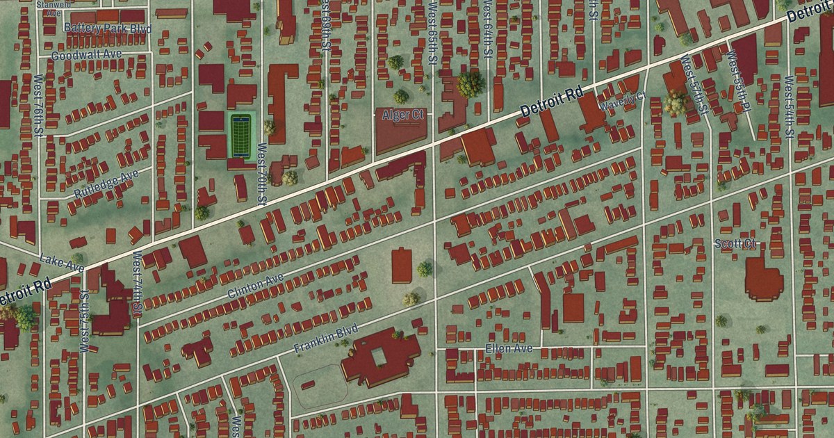 Close-up of streets and buildings in Detroit Shoreway, Ohio