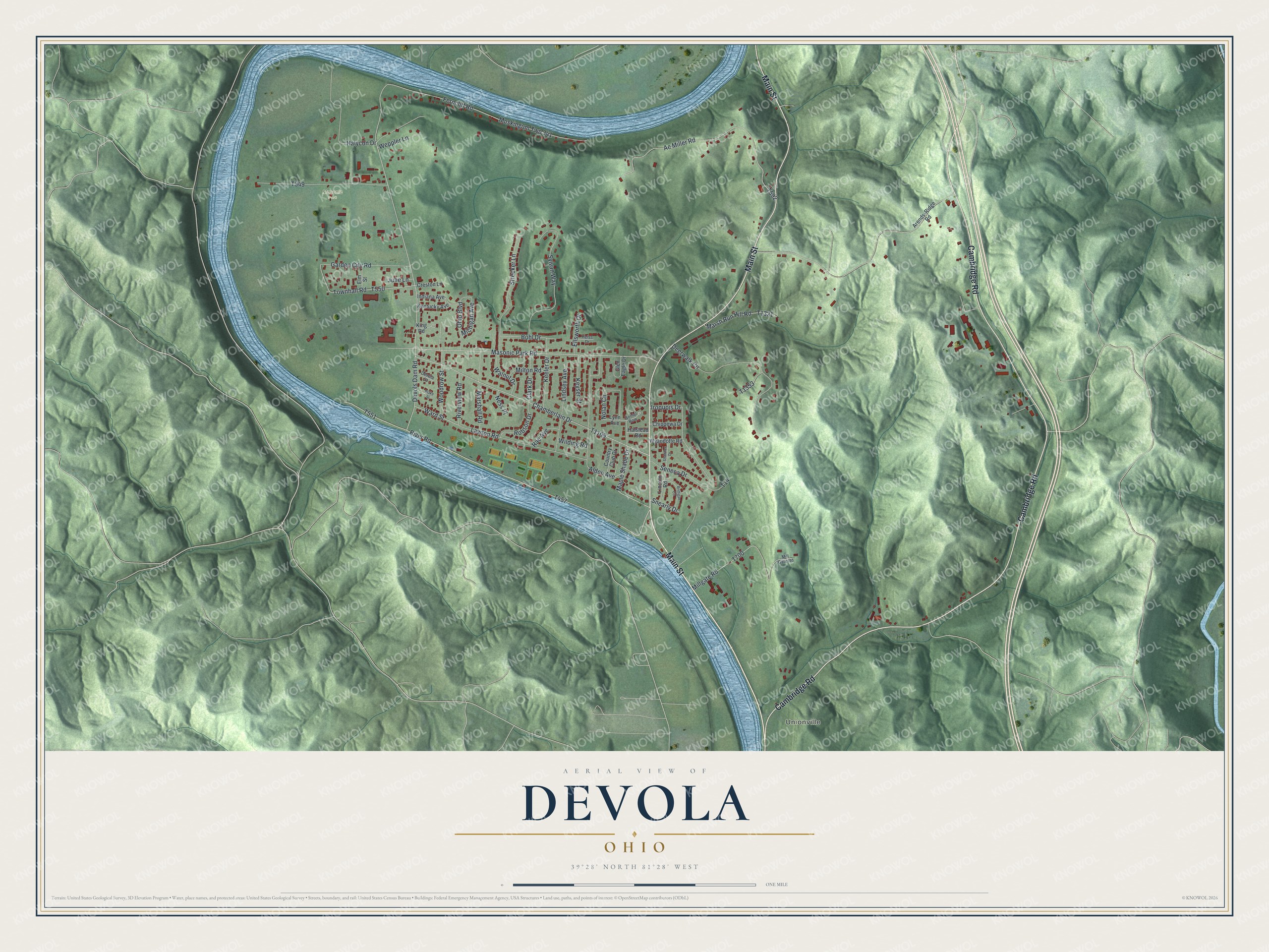 Full map of Devola, Ohio, with red buildings, printed street names and the land around them