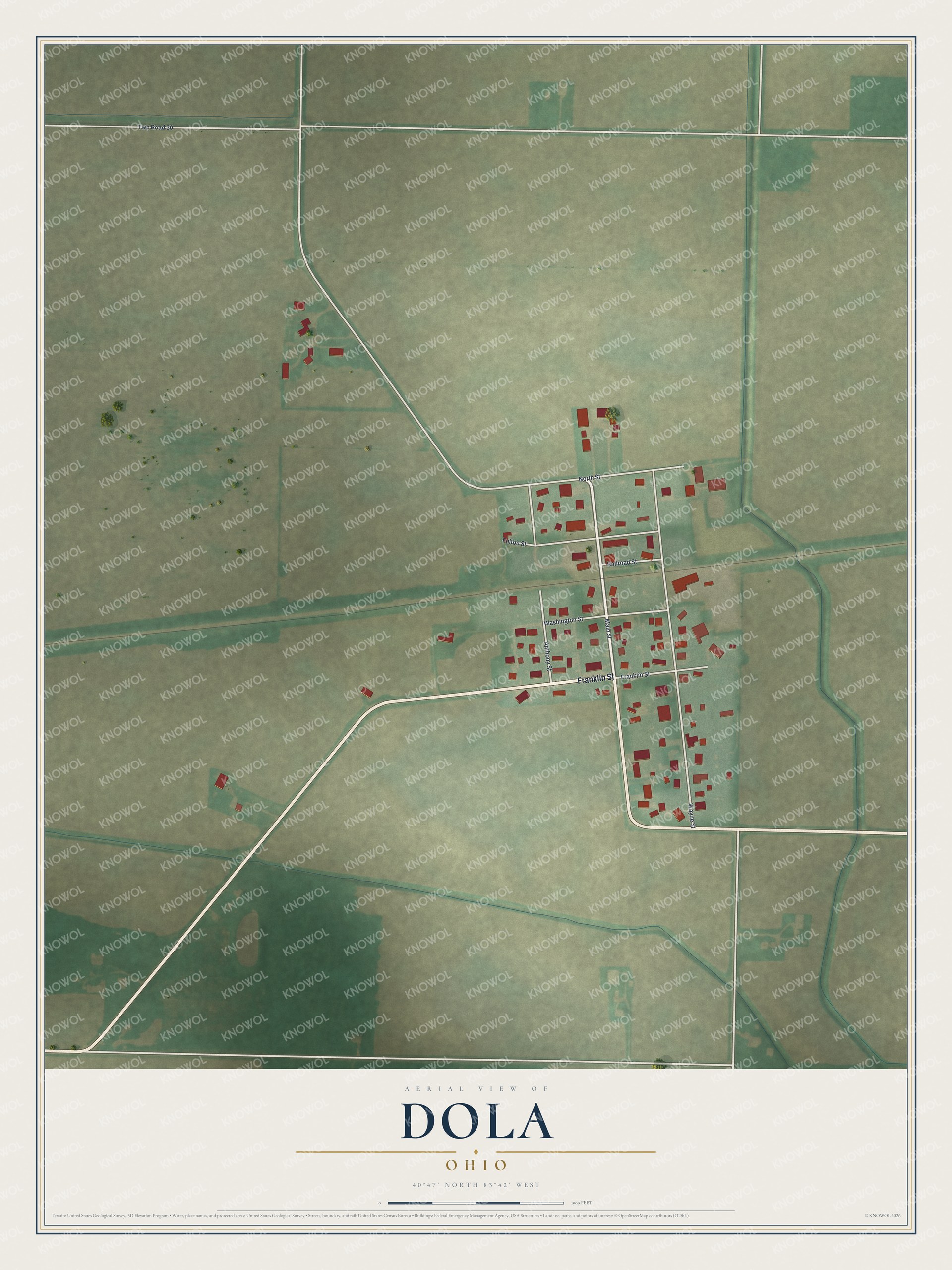 Full map of Dola, Ohio, with red buildings, printed street names and the land around them
