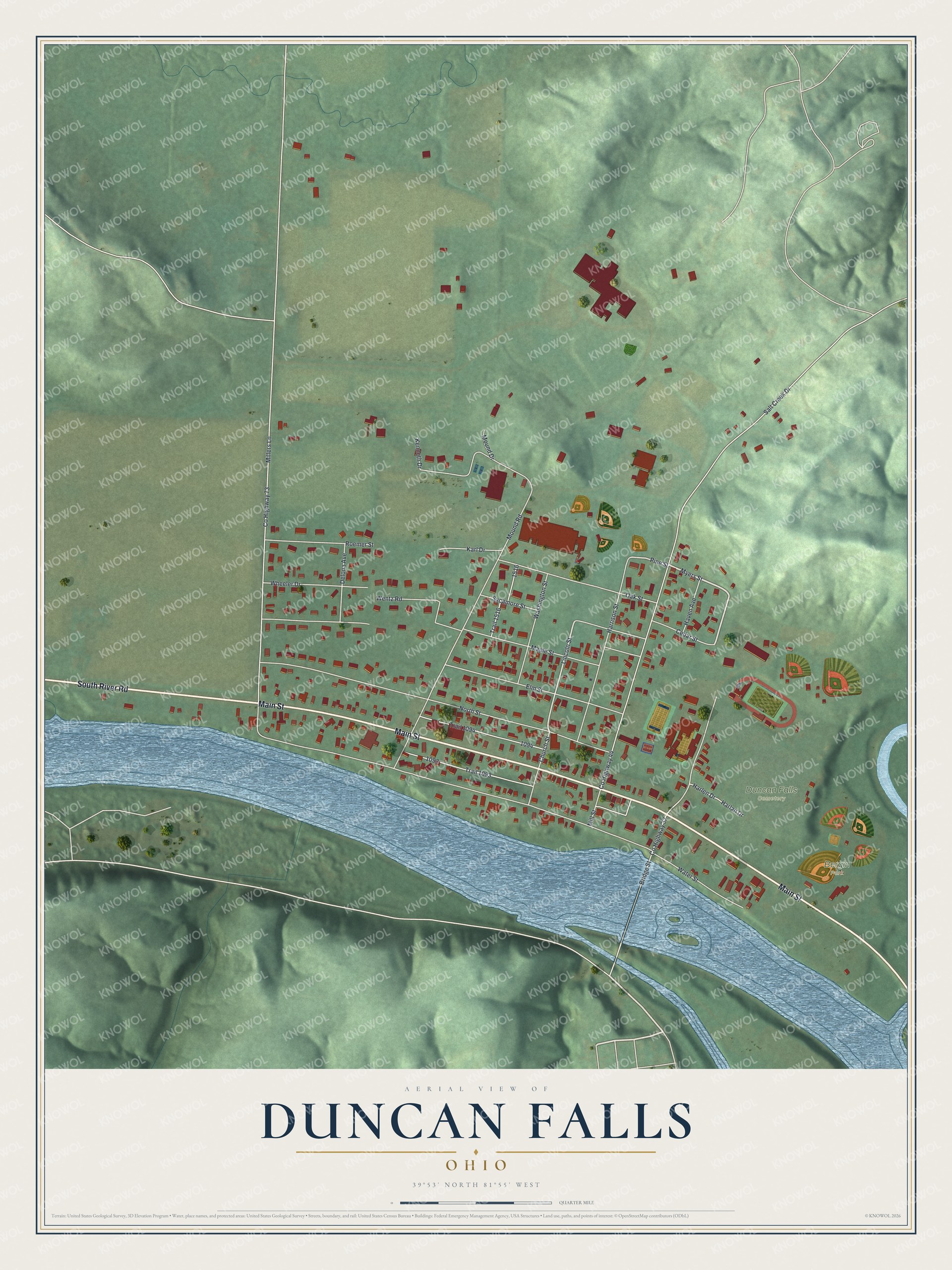 Full map of Duncan Falls, Ohio, with red buildings, printed street names and the land around them