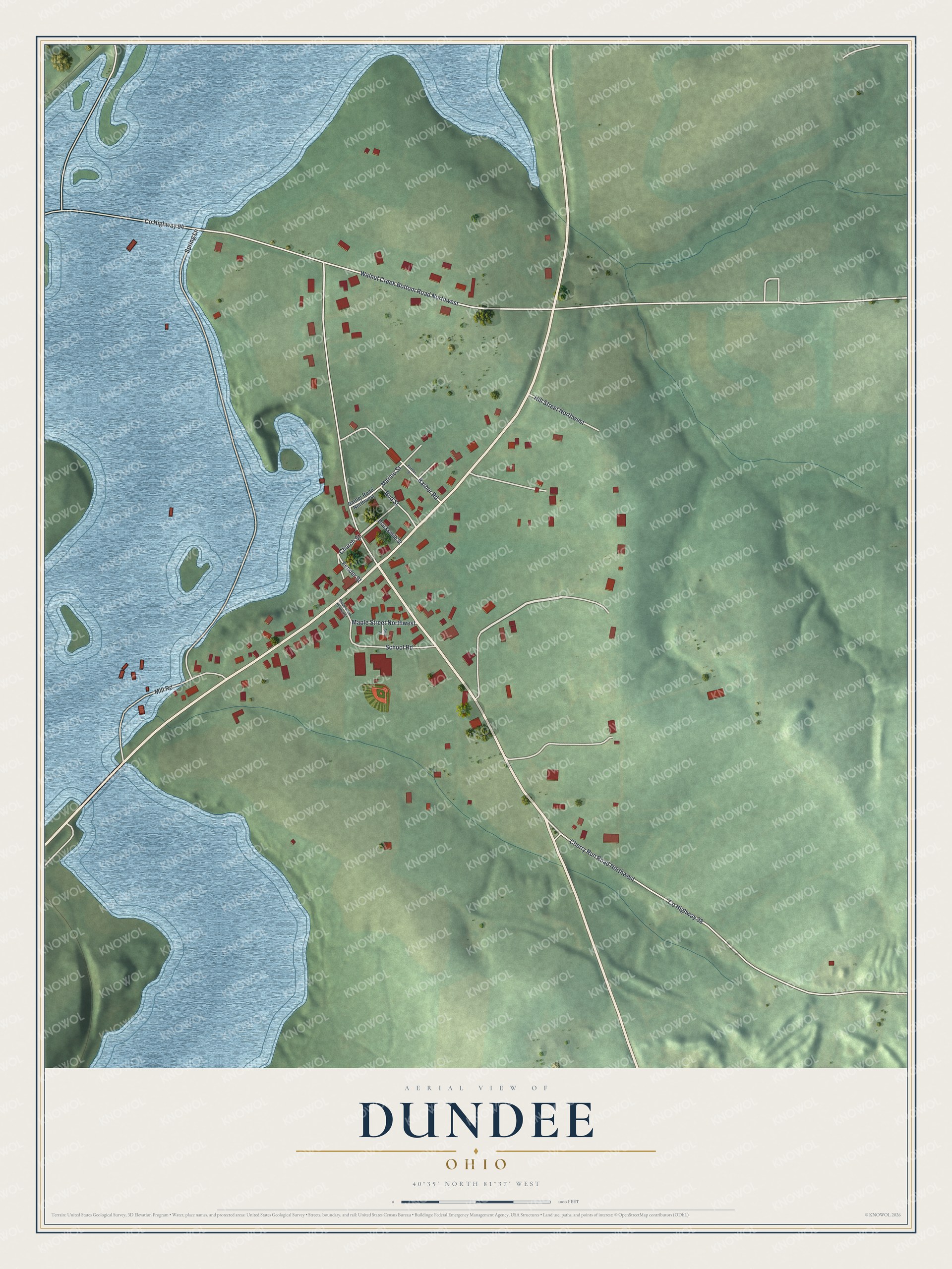 Full map of Dundee, Ohio, with red buildings, printed street names and the land around them
