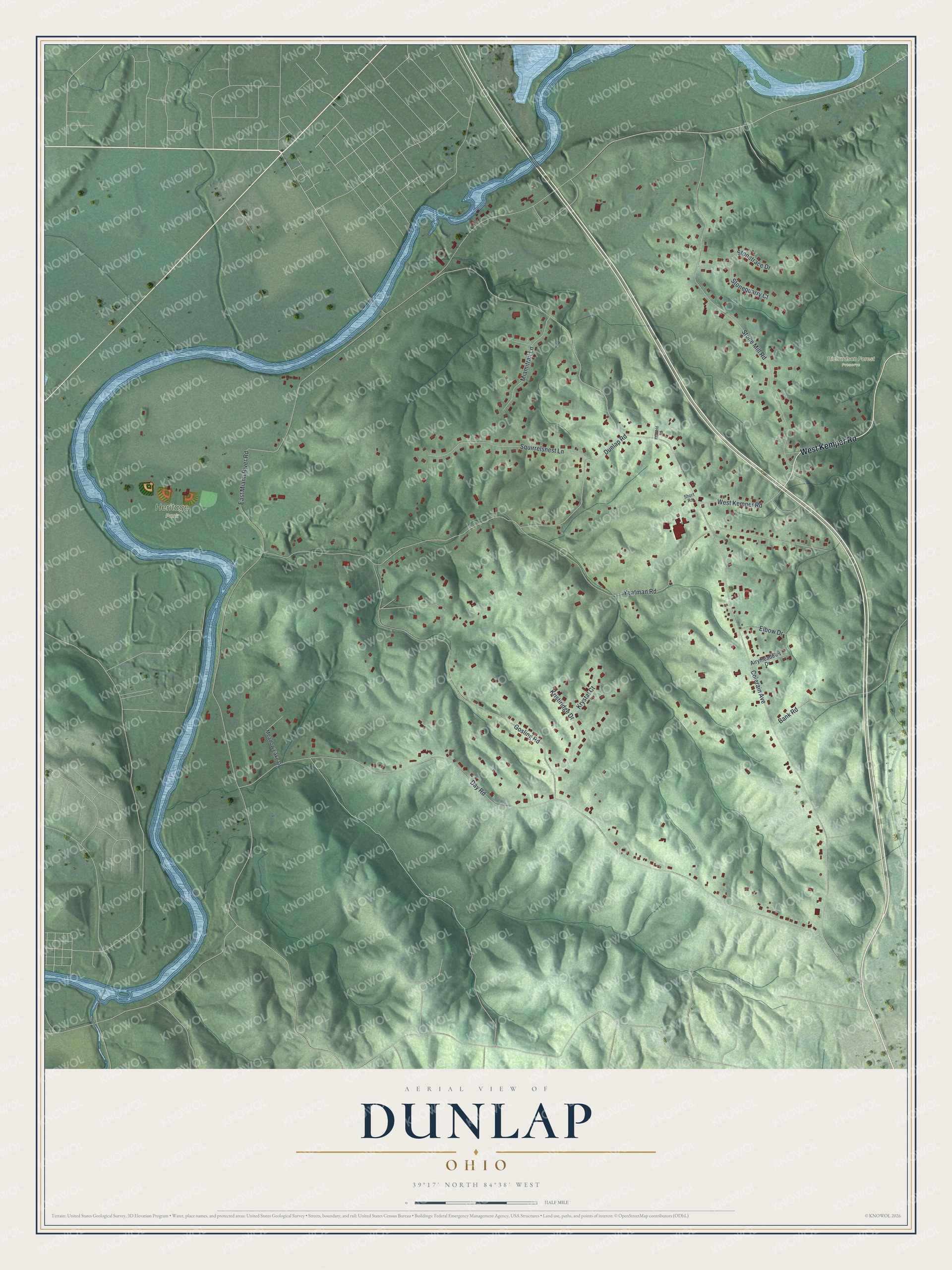 Full map of Dunlap, Ohio, with red buildings, printed street names and the land around them