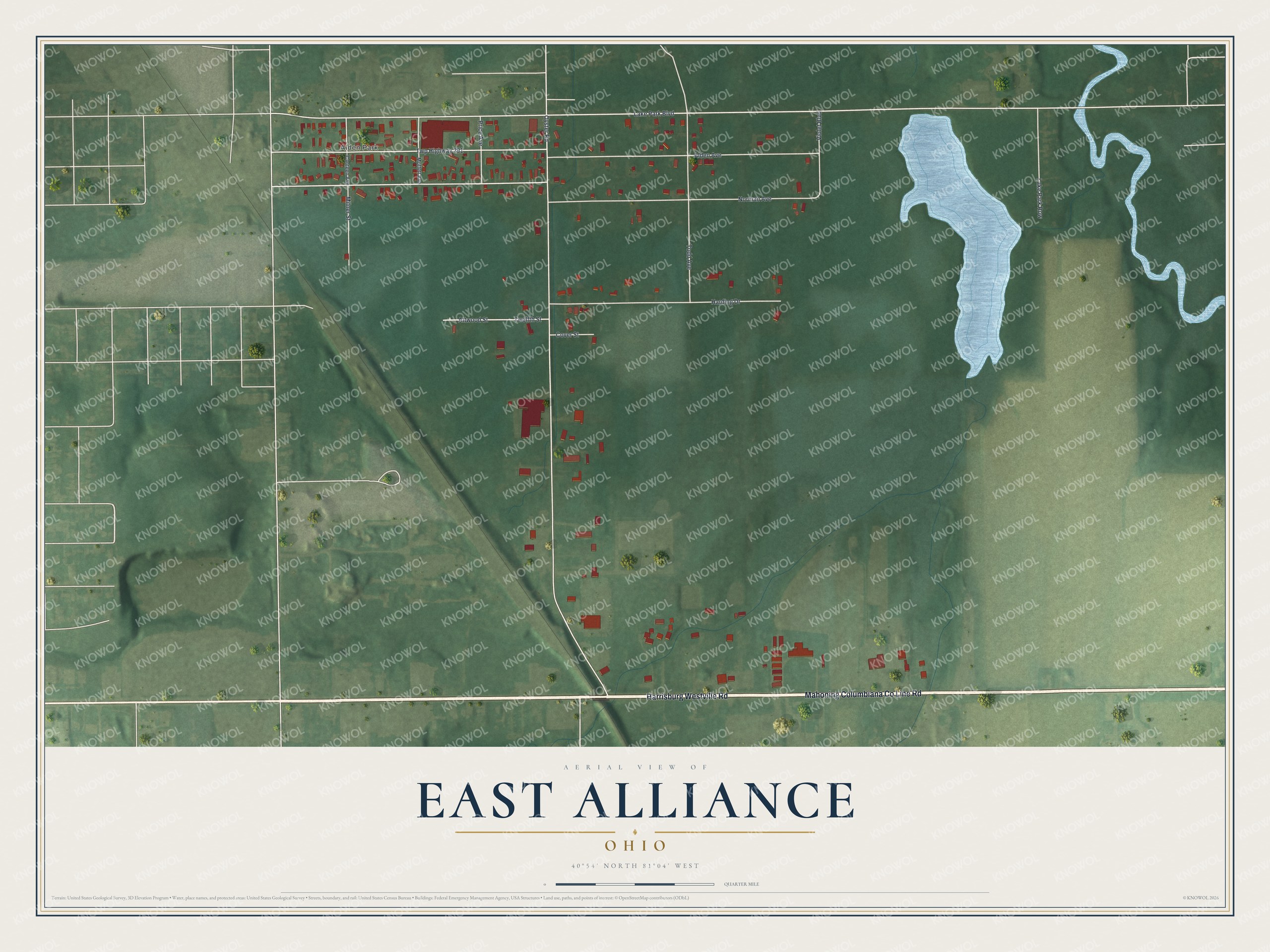 Full map of East Alliance, Ohio, with red buildings, printed street names and the land around them