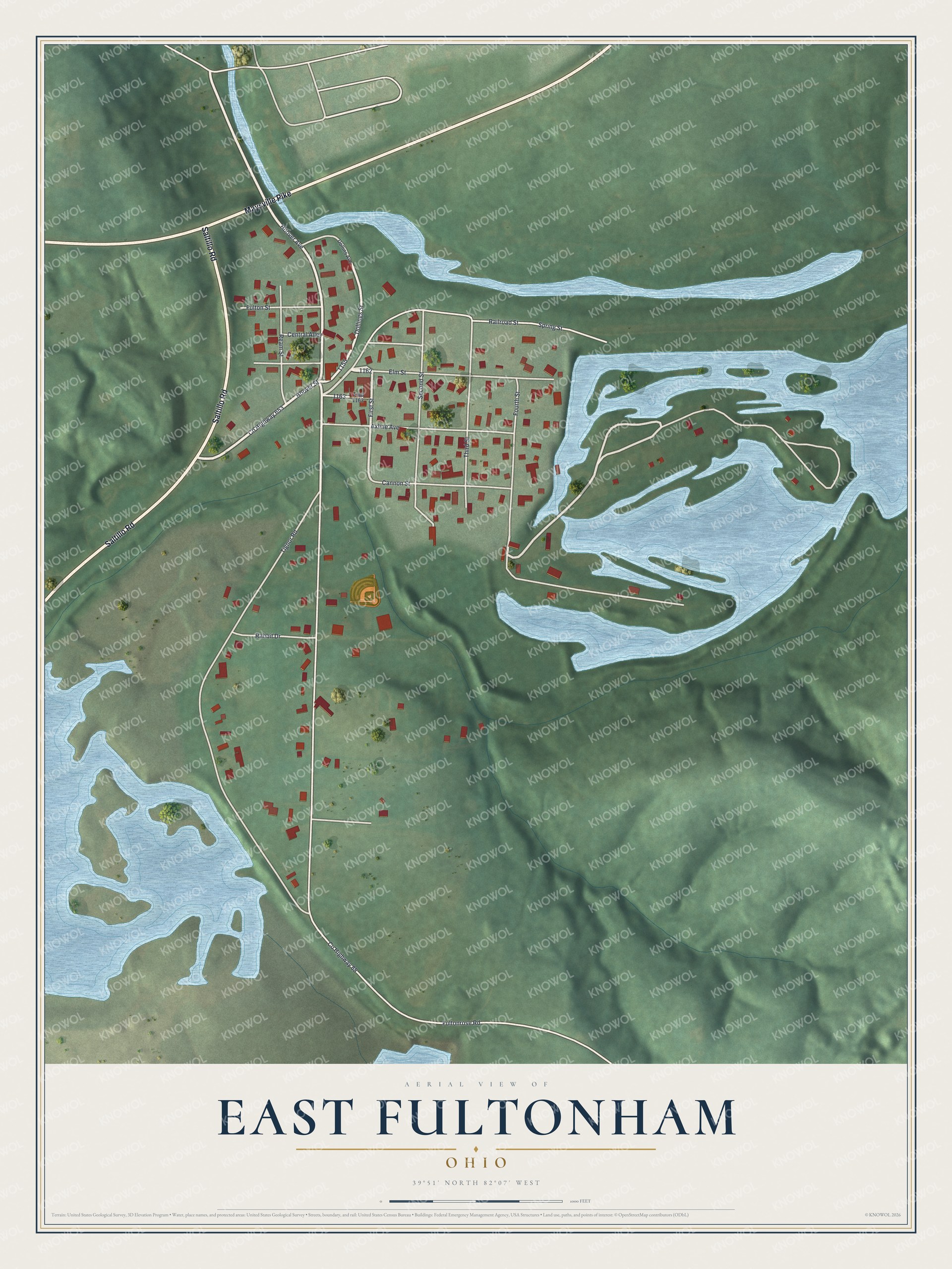 Full map of East Fultonham, Ohio, with red buildings, printed street names and the land around them