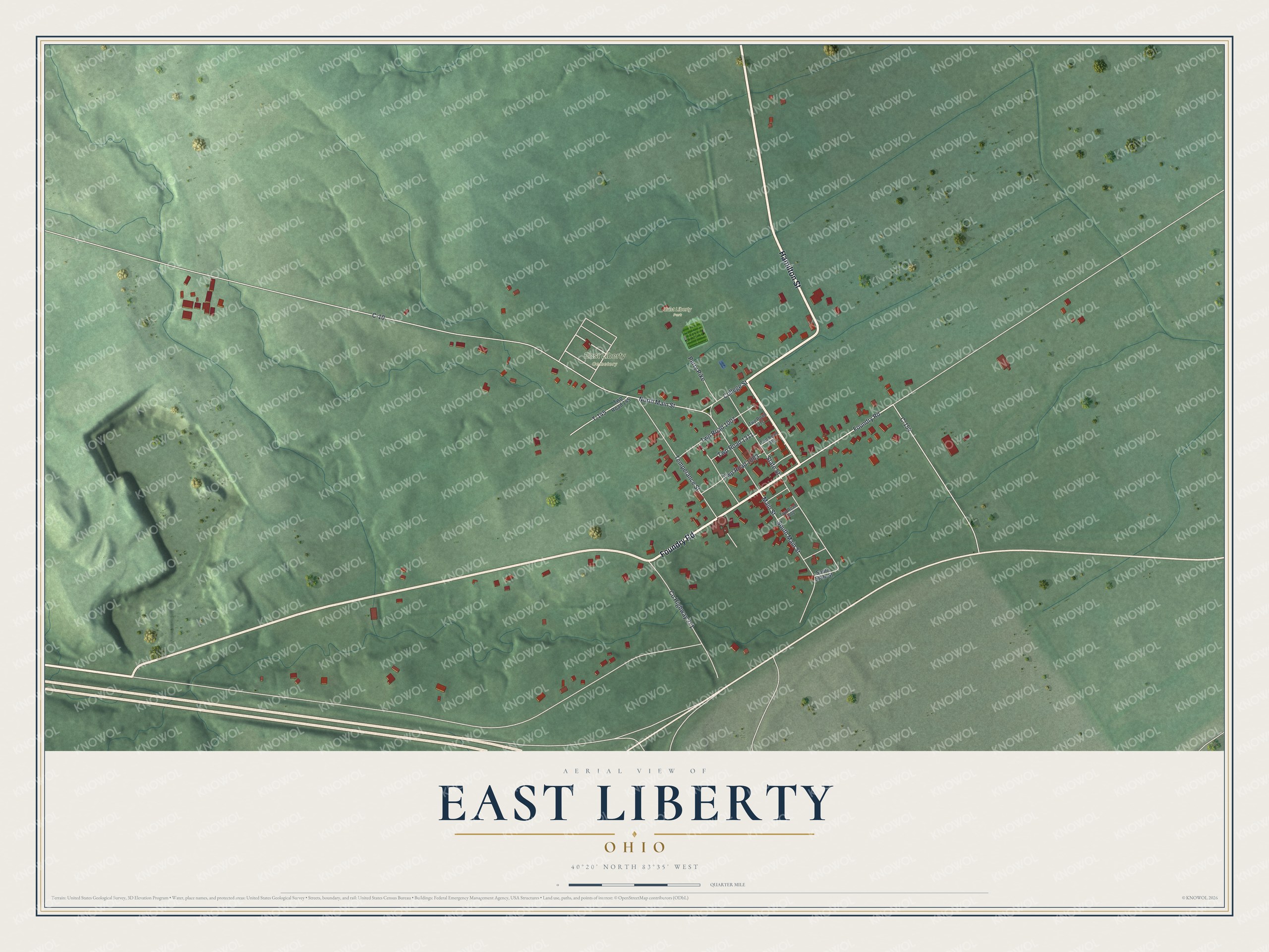 Full map of East Liberty, Ohio, with red buildings, printed street names and the land around them