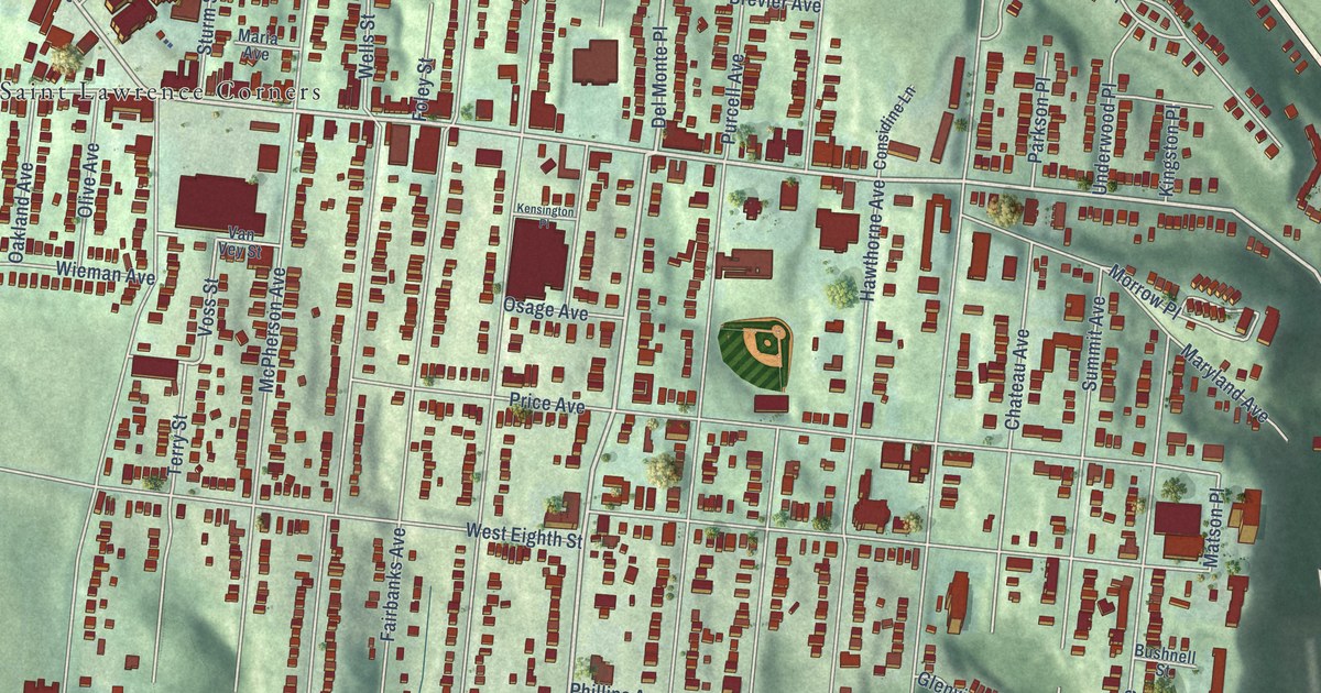 Close-up of streets and buildings in East Price Hill, Ohio