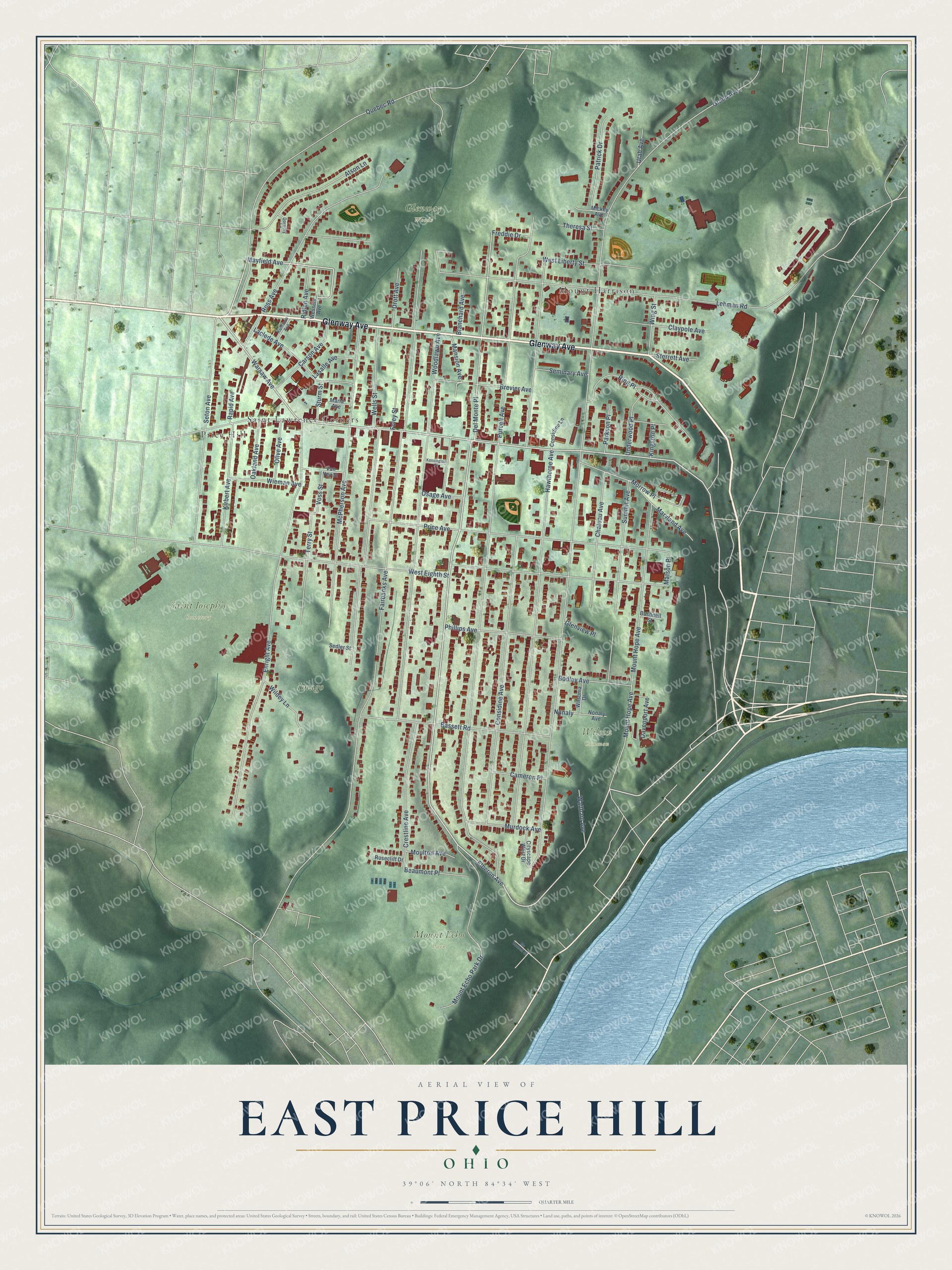 Full map of East Price Hill, Ohio, with red buildings, printed street names and the land around them
