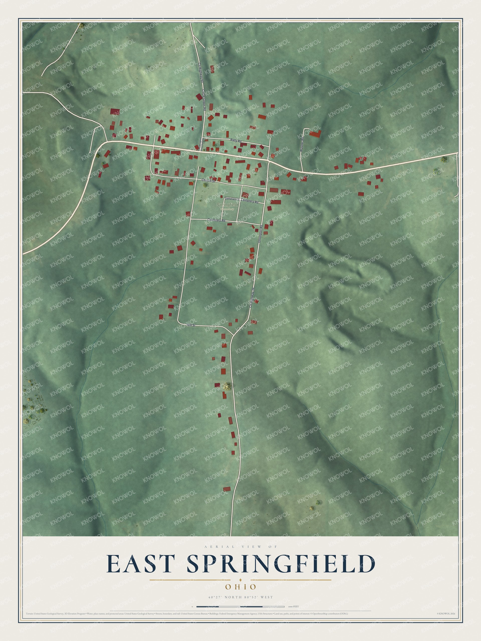 Full map of East Springfield, Ohio, with red buildings, printed street names and the land around them