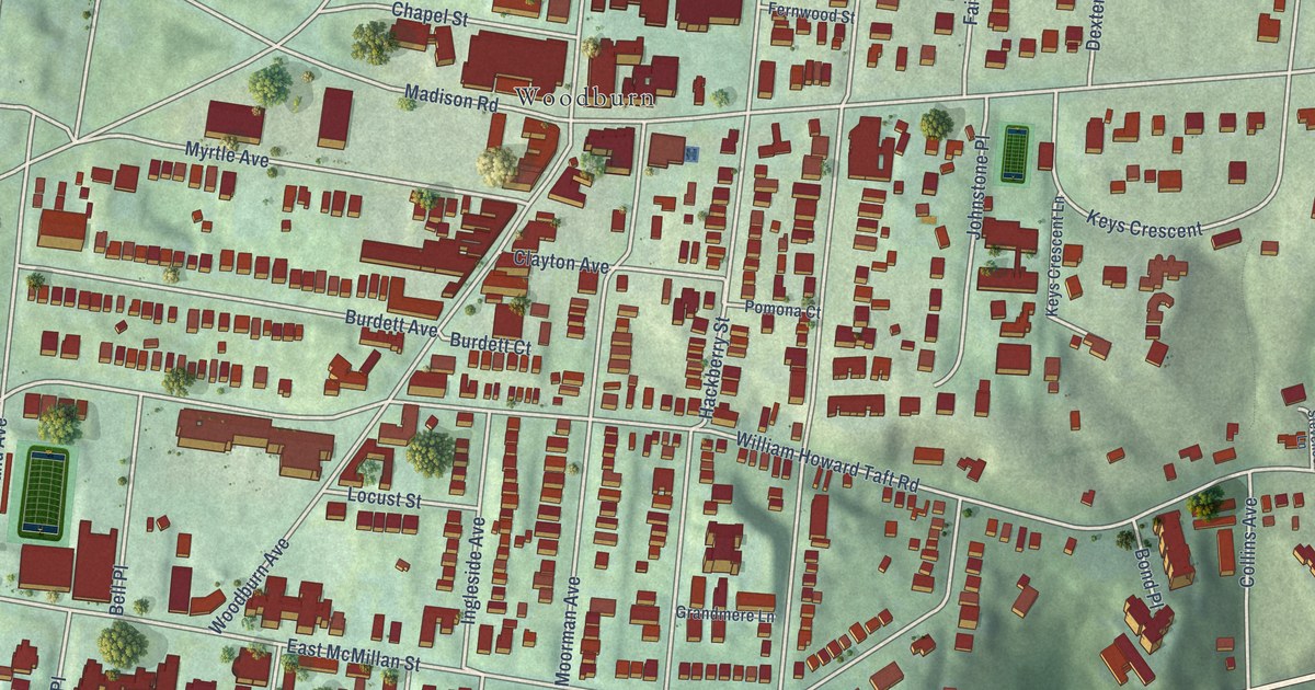 Close-up of streets and buildings in East Walnut Hills, Ohio