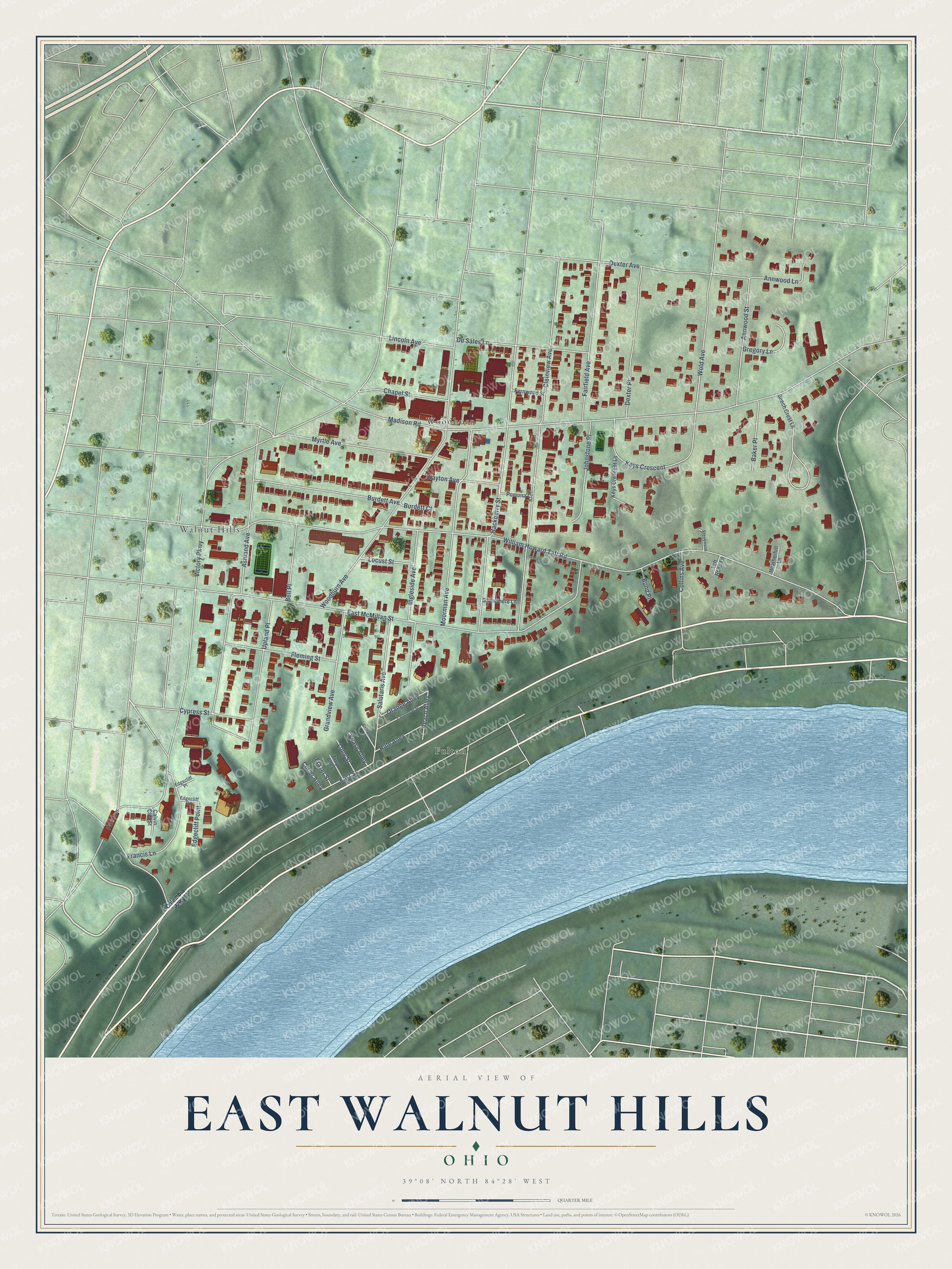 Full map of East Walnut Hills, Ohio, with red buildings, printed street names and the land around them