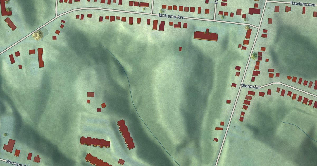 Close-up of streets and buildings in East Westwood, Ohio