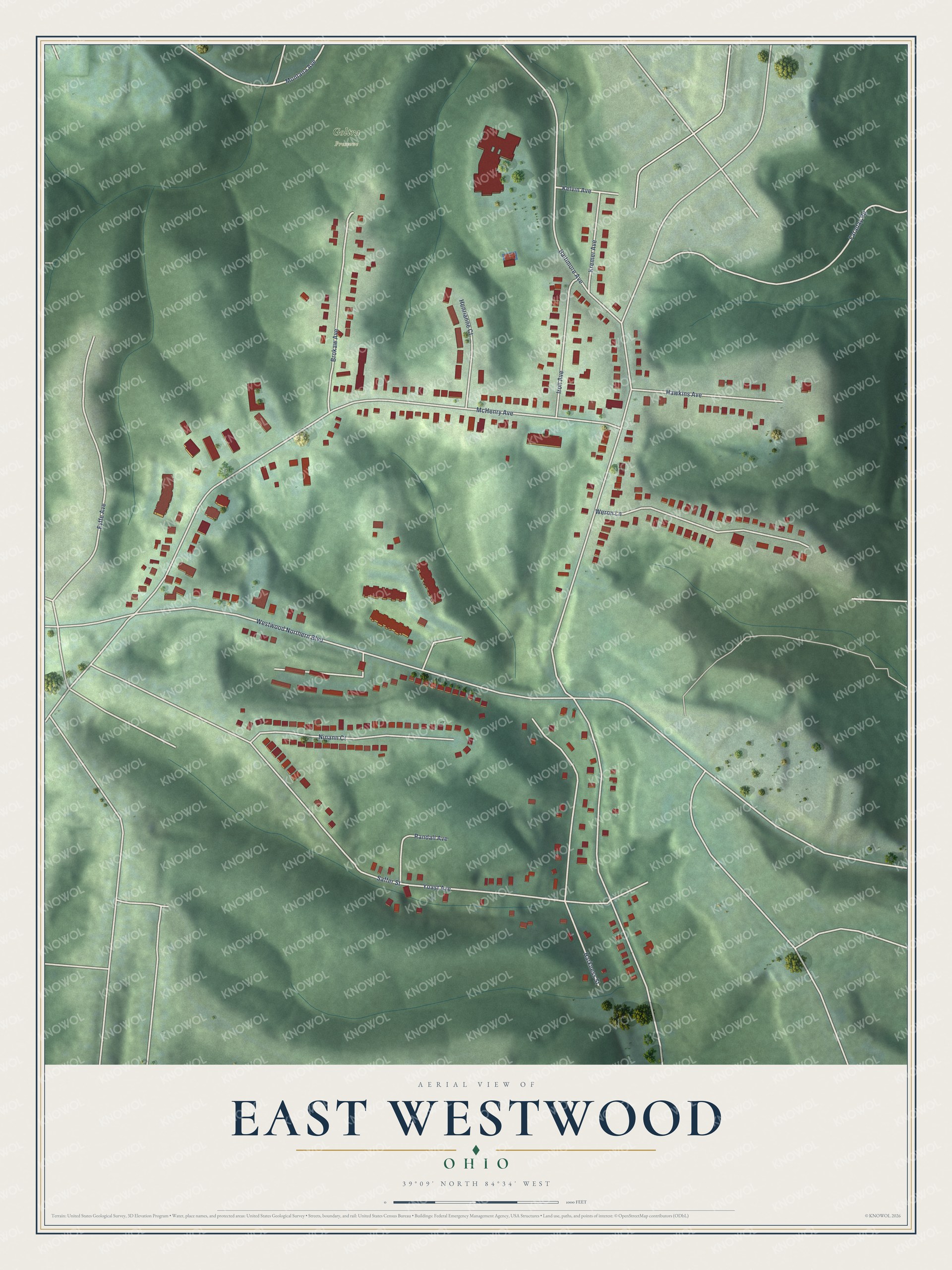 Full map of East Westwood, Ohio, with red buildings, printed street names and the land around them