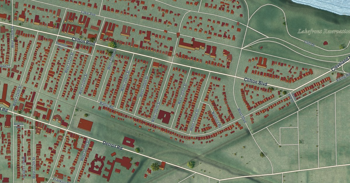 Close-up of streets and buildings in Edgewater, Ohio