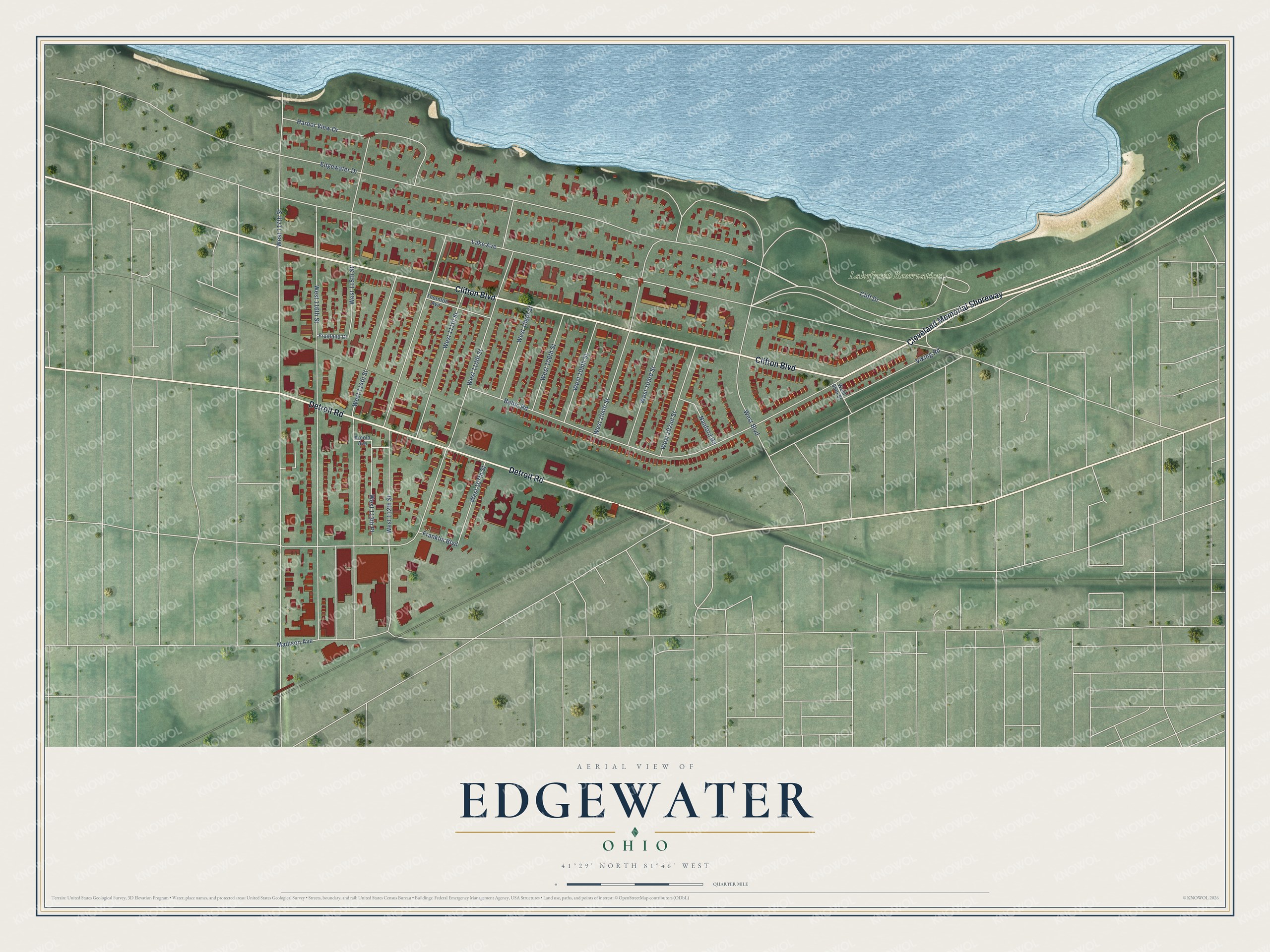 Full map of Edgewater, Ohio, with red buildings, printed street names and the land around them
