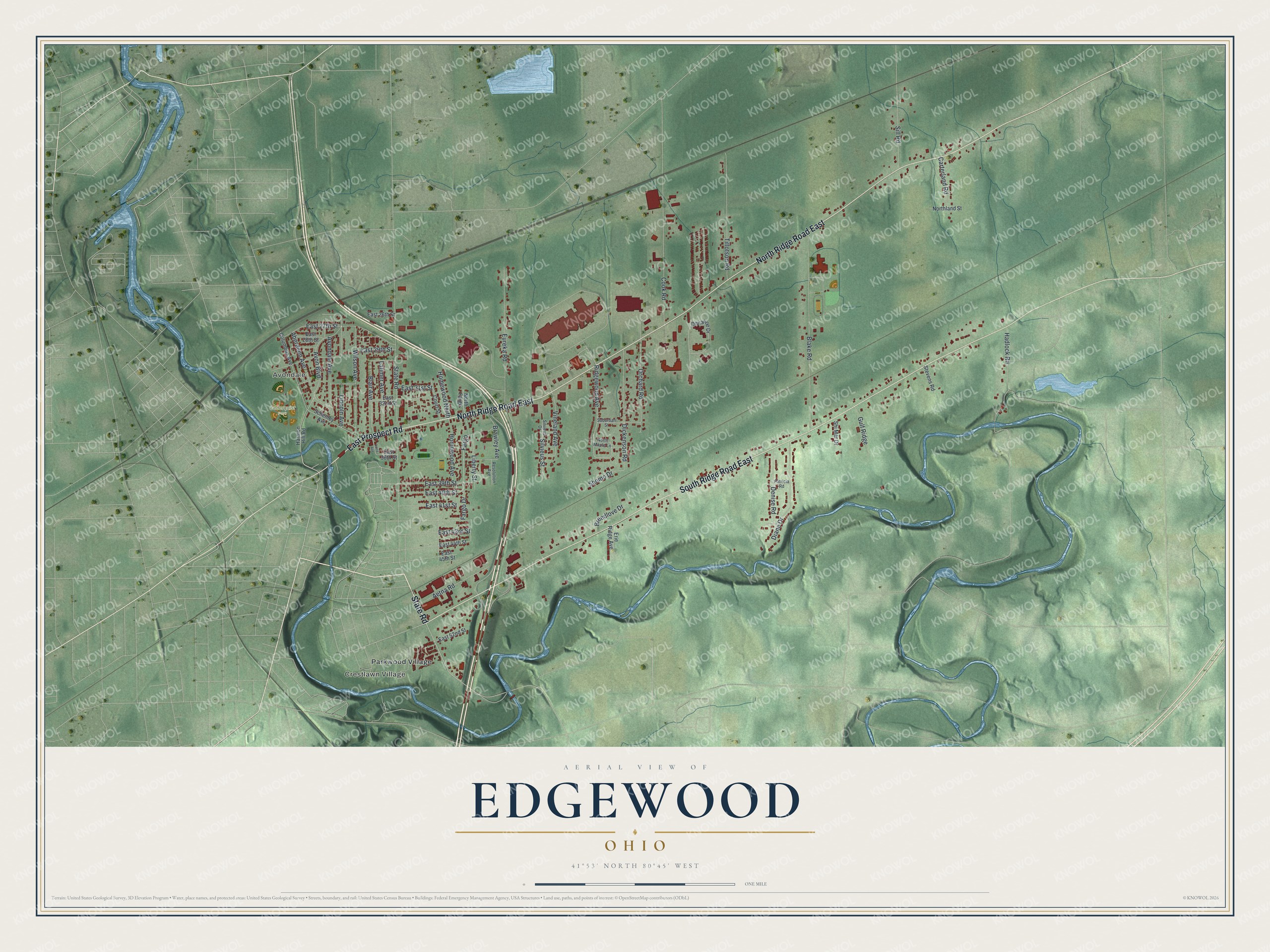 Full map of Edgewood, Ohio, with red buildings, printed street names and the land around them