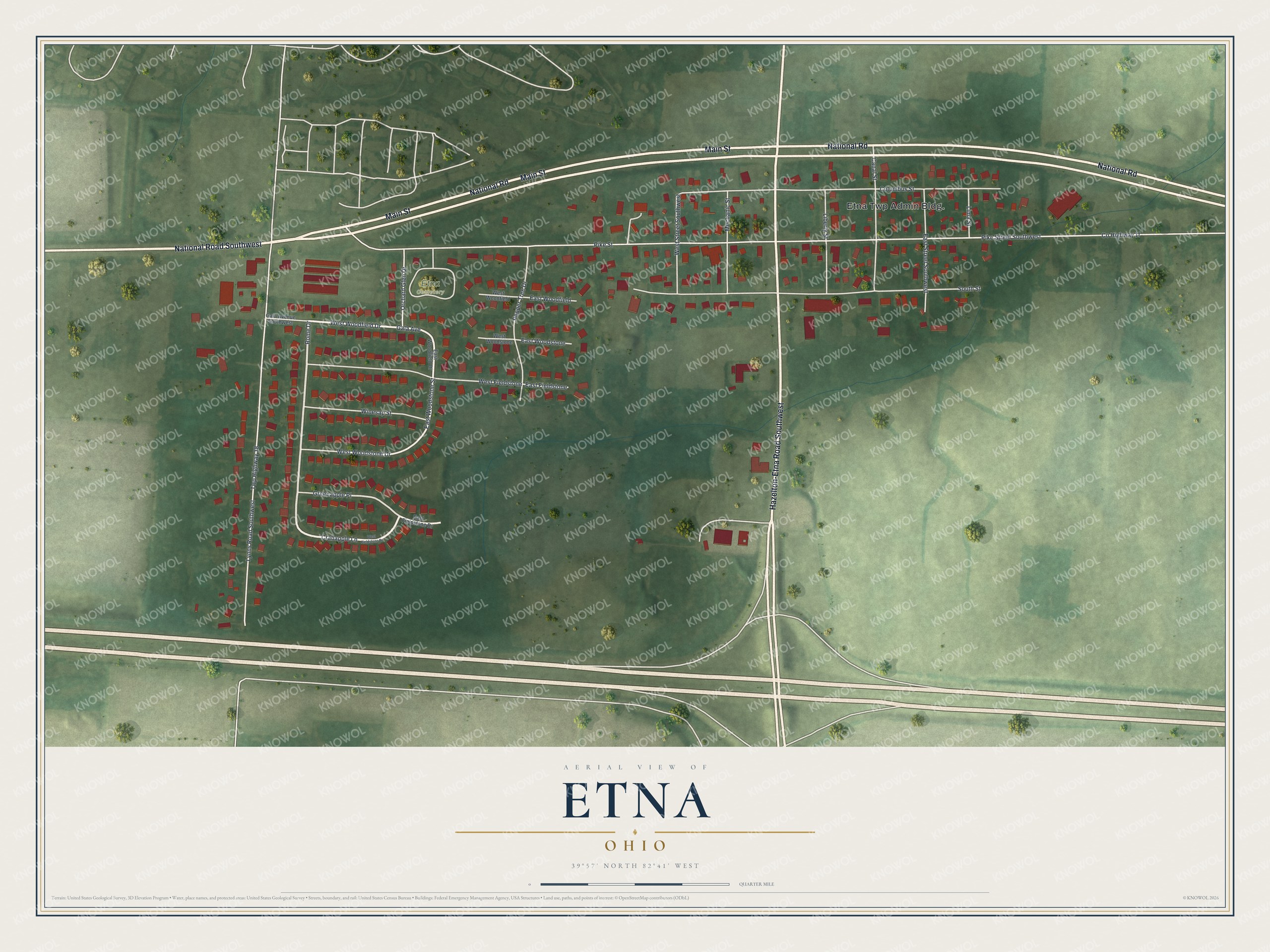 Full map of Etna, Ohio, with red buildings, printed street names and the land around them
