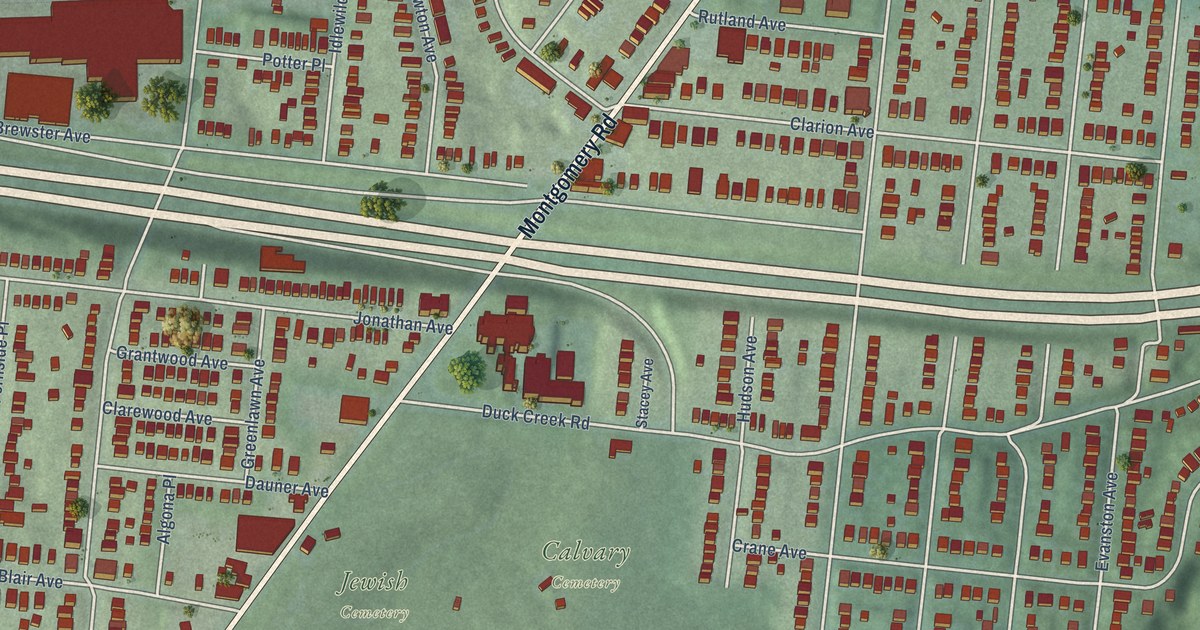 Close-up of streets and buildings in Evanston, Ohio