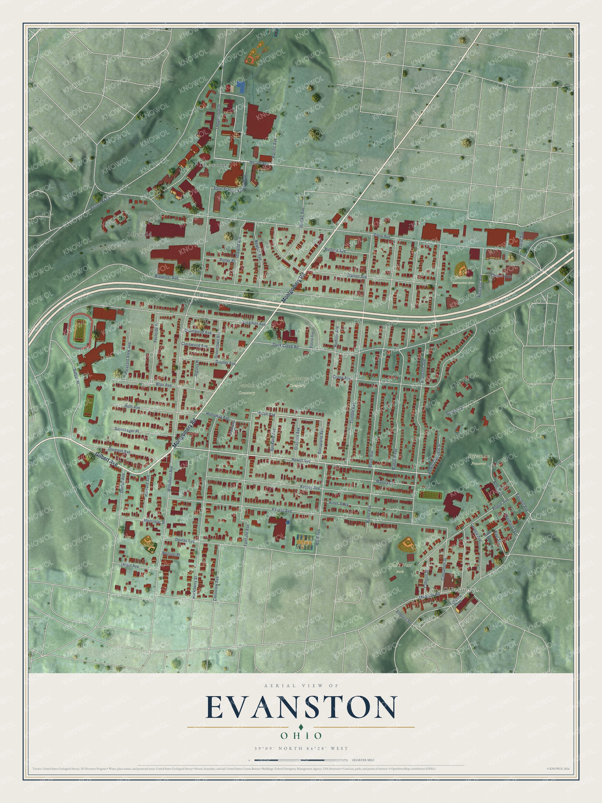 Full map of Evanston, Ohio, with red buildings, printed street names and the land around them