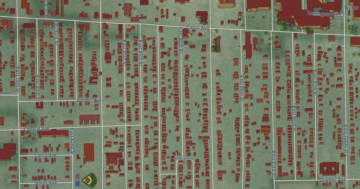 Close-up of streets and buildings in Fairfax, Cleveland, Ohio
