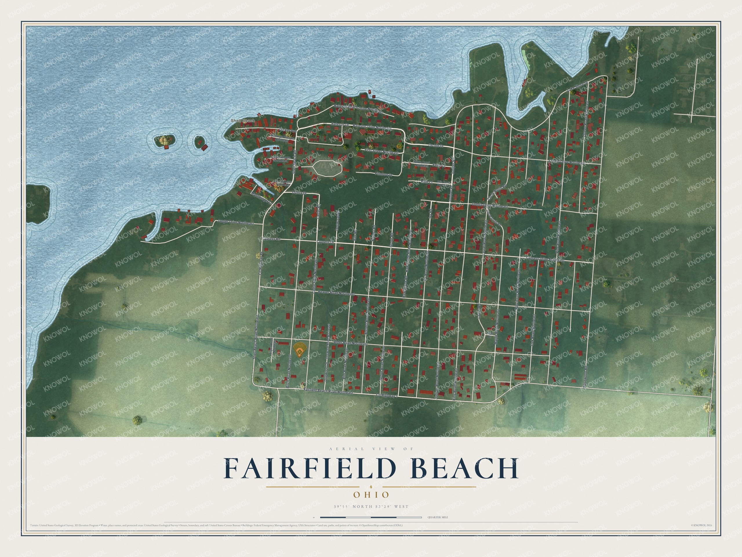 Full map of Fairfield Beach, Ohio, with red buildings, printed street names and the land around them