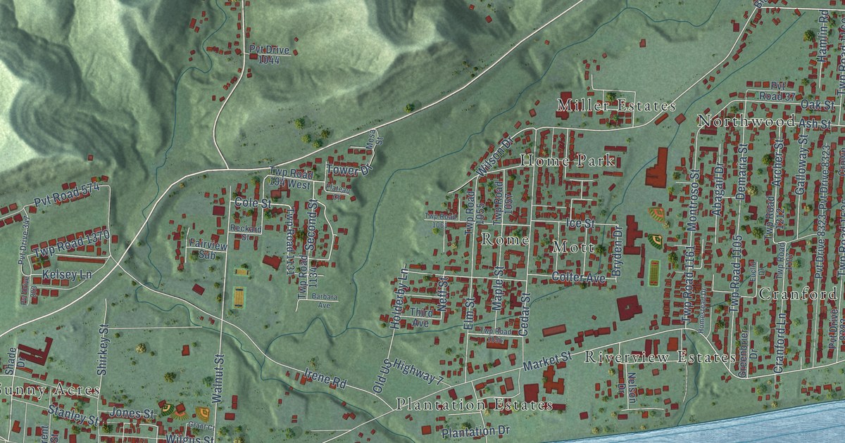 Close-up of streets and buildings in Fairland, Ohio