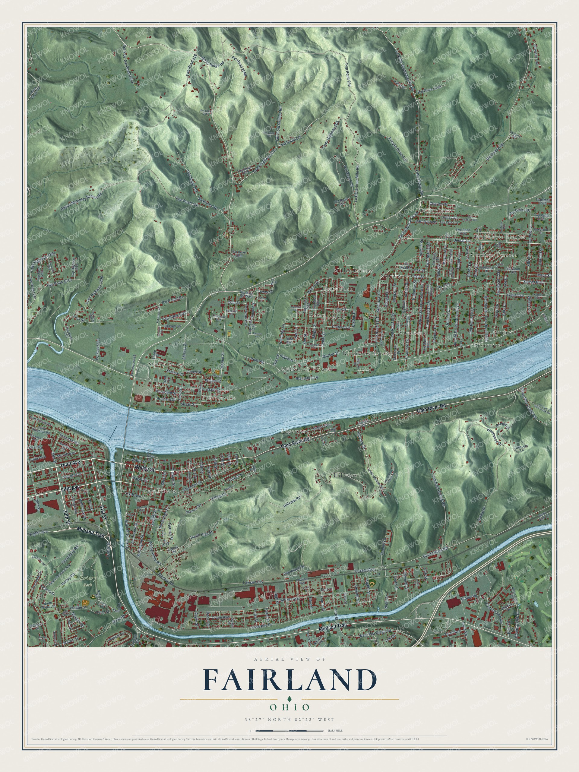 Full map of Fairland, Ohio, with red buildings, printed street names and the land around them