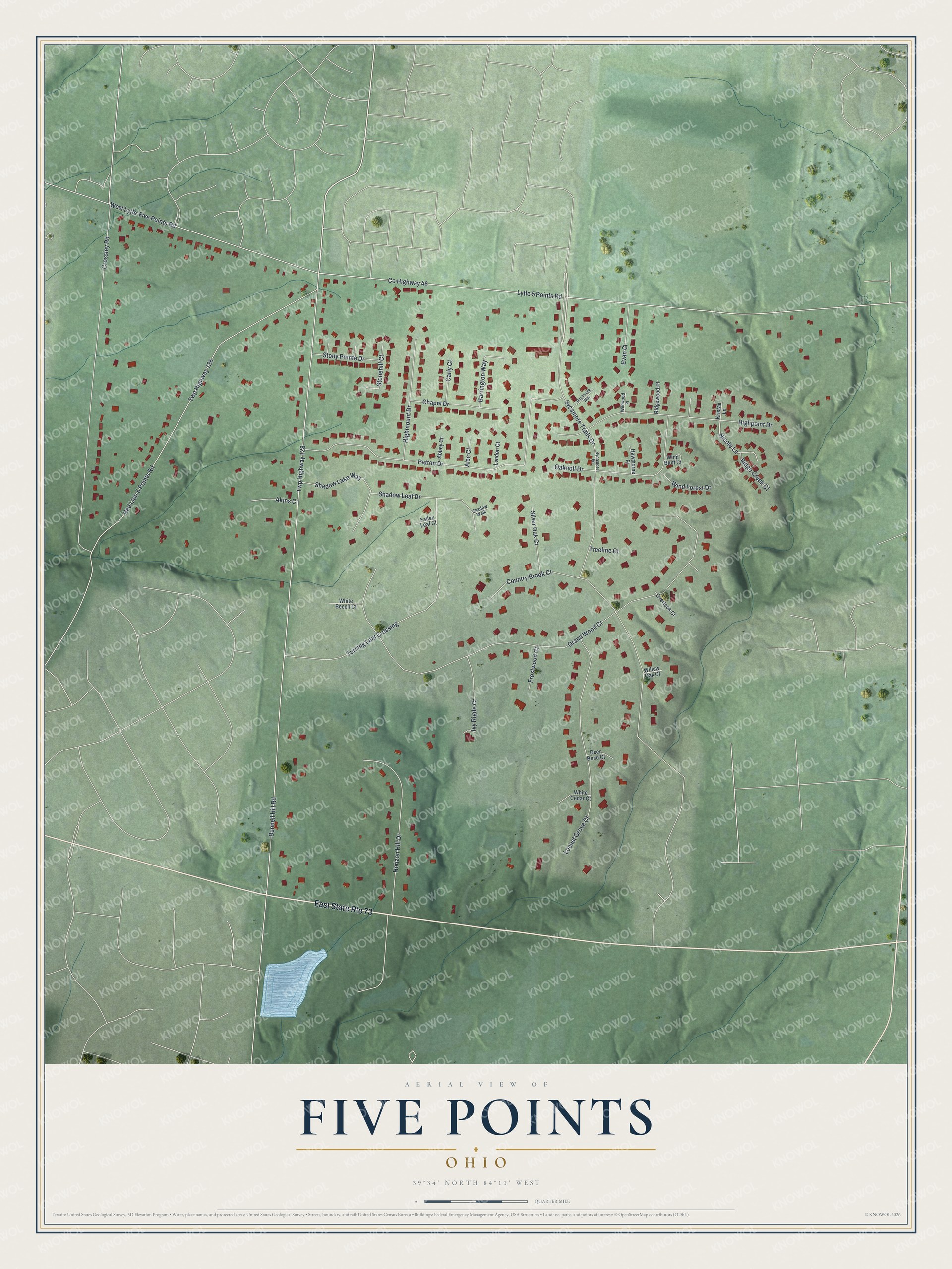 Full map of Five Points, Ohio, with red buildings, printed street names and the land around them