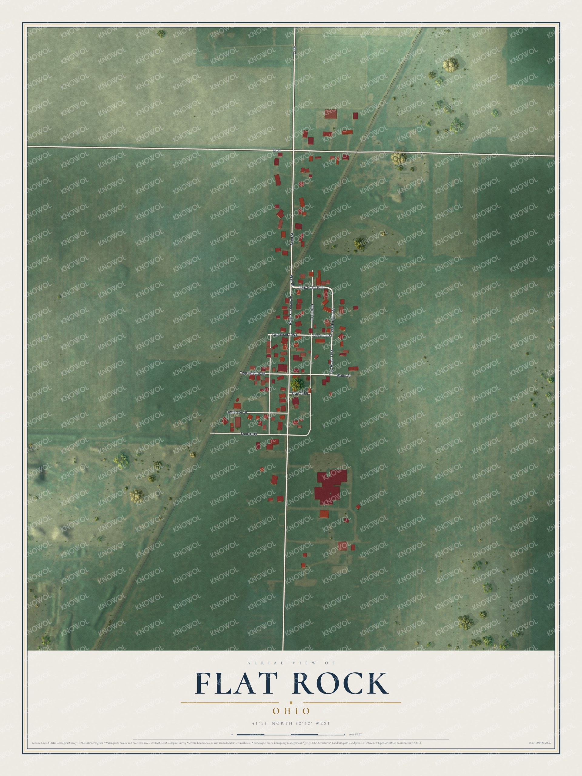 Full map of Flat Rock, Ohio, with red buildings, printed street names and the land around them