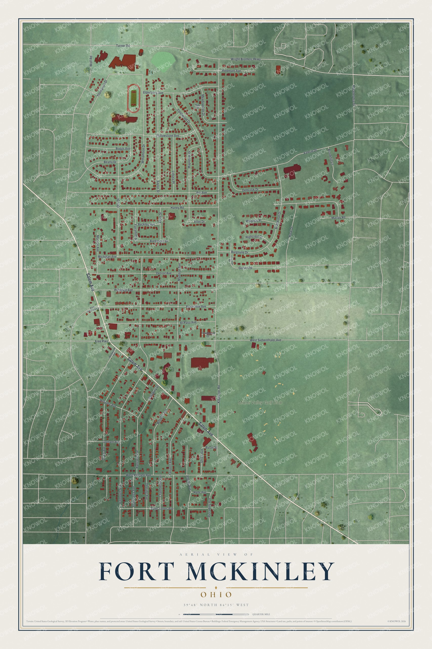 Full map of Fort McKinley, Ohio, with red buildings, printed street names and the land around them