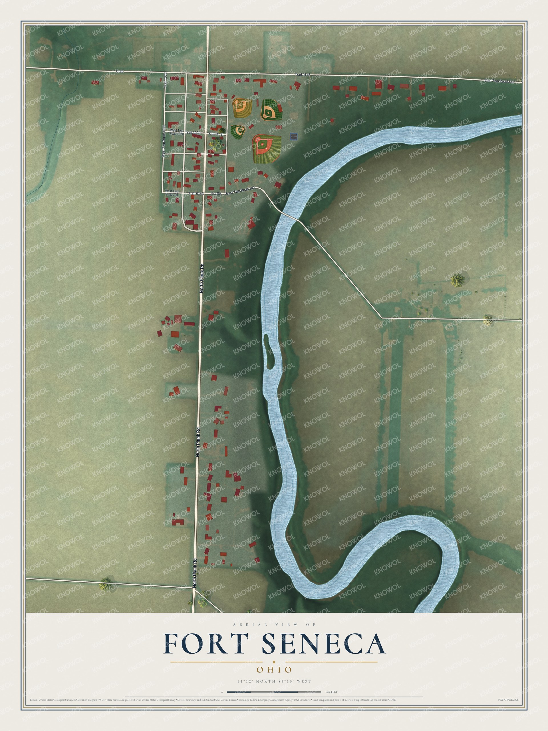 Full map of Fort Seneca, Ohio, with red buildings, printed street names and the land around them