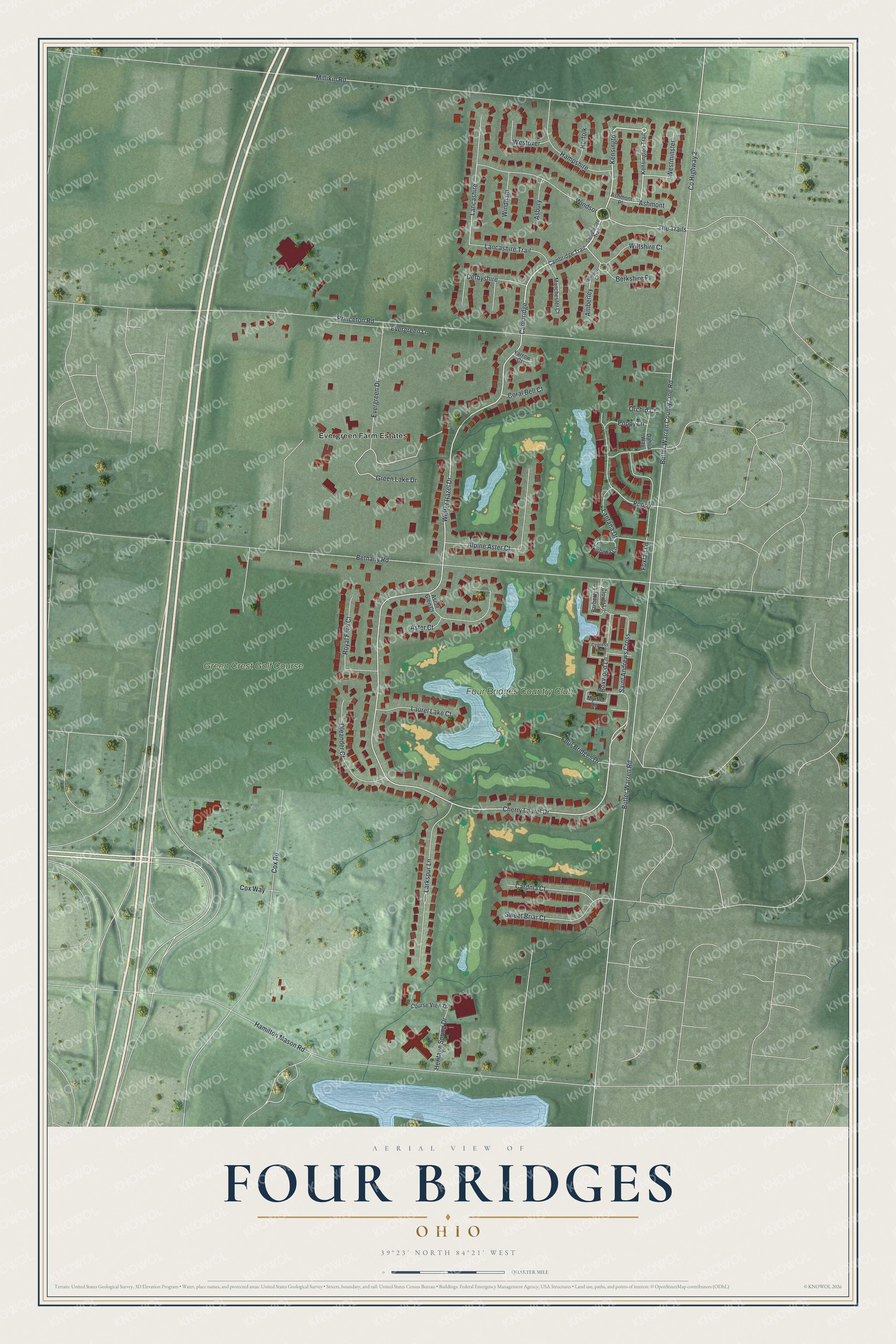Full map of Four Bridges, Ohio, with red buildings, printed street names and the land around them