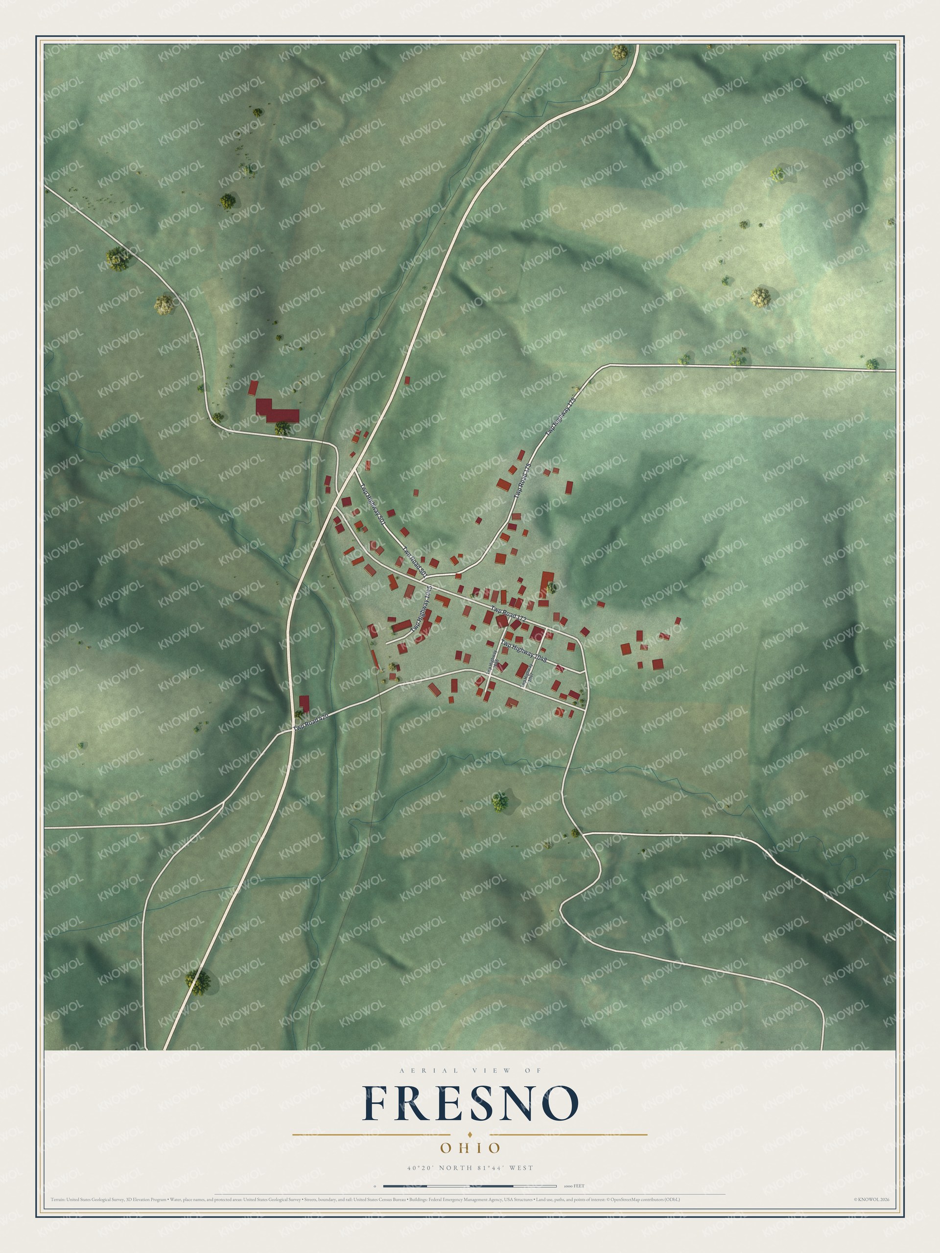 Full map of Fresno, Ohio, with red buildings, printed street names and the land around them