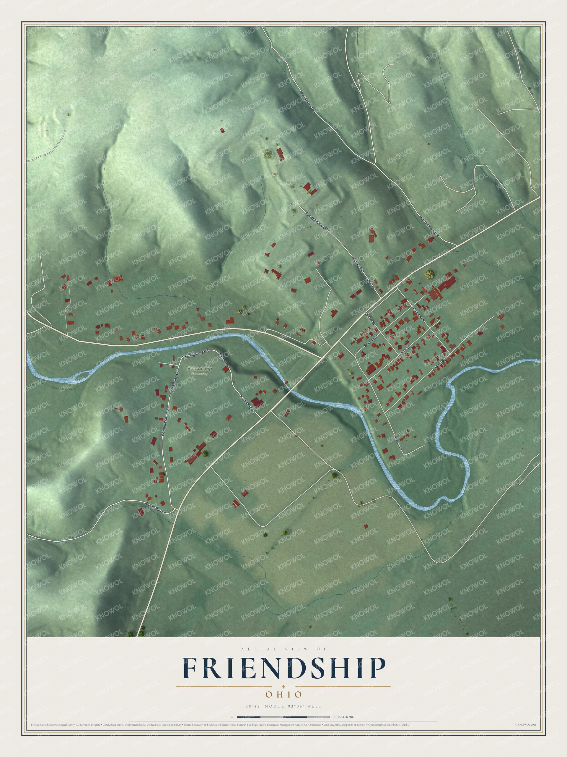 Full map of Friendship, Ohio, with red buildings, printed street names and the land around them