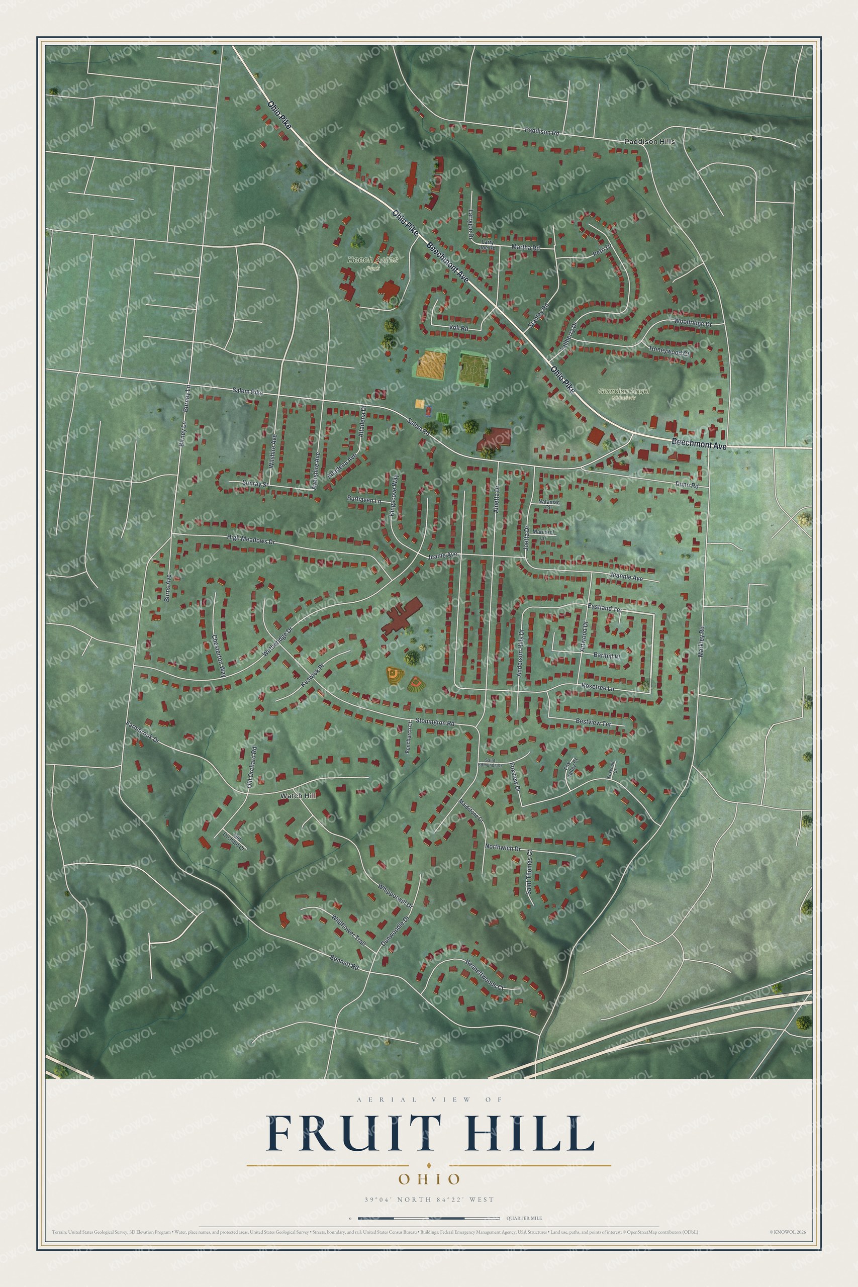 Full map of Fruit Hill, Ohio, with red buildings, printed street names and the land around them